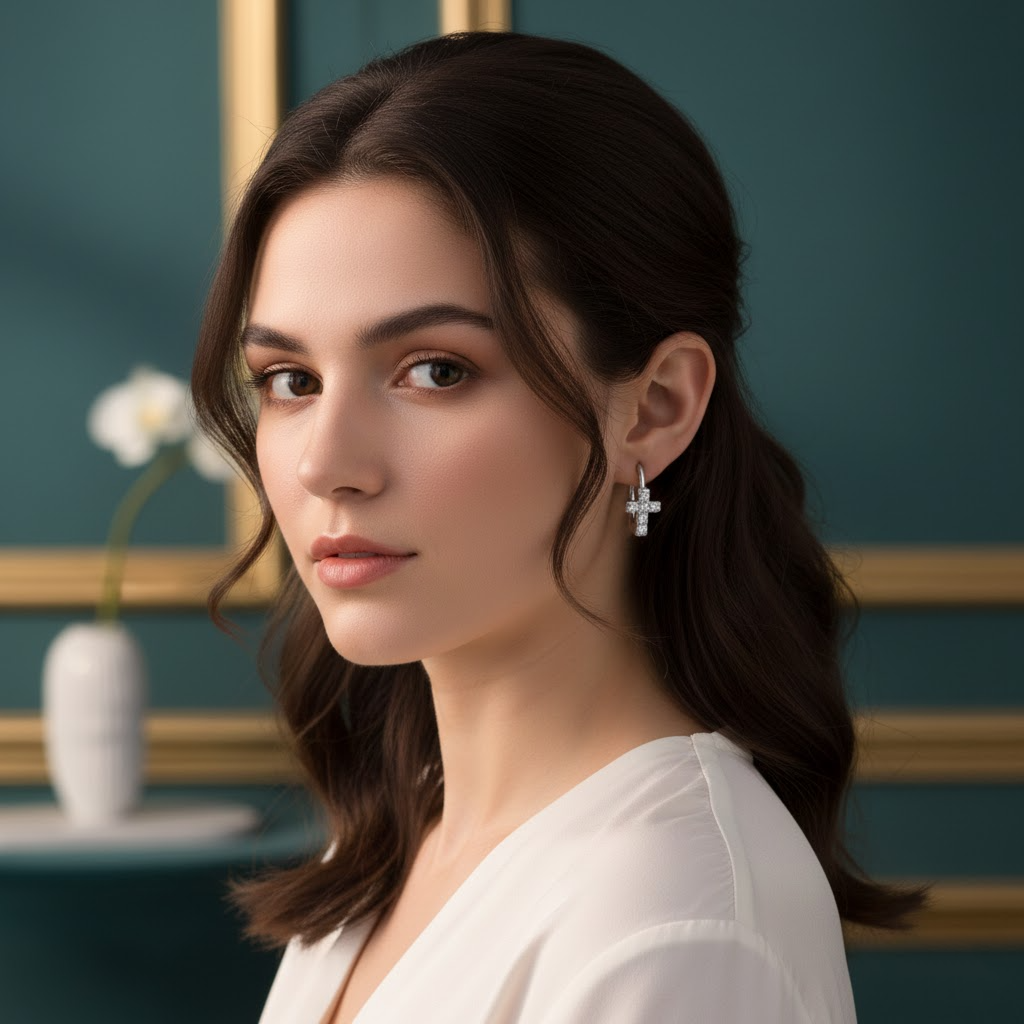 Crystal Cross Huggie Earrings, Silver Cross Hoop Earrings, Minimal Christian Jewelry, Faith Cross Earrings for Women, Religious Gift