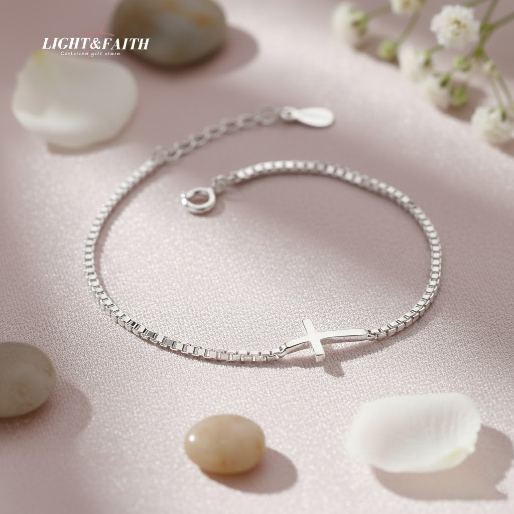 Sterling Silver Cross Bracelet for Women, Christian Jewelry Gift, Religious Bracelet