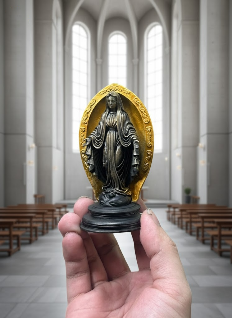 Blessed Virgin Mary Resin Statue, Handcrafted Religious Sculpture with Golden Halo