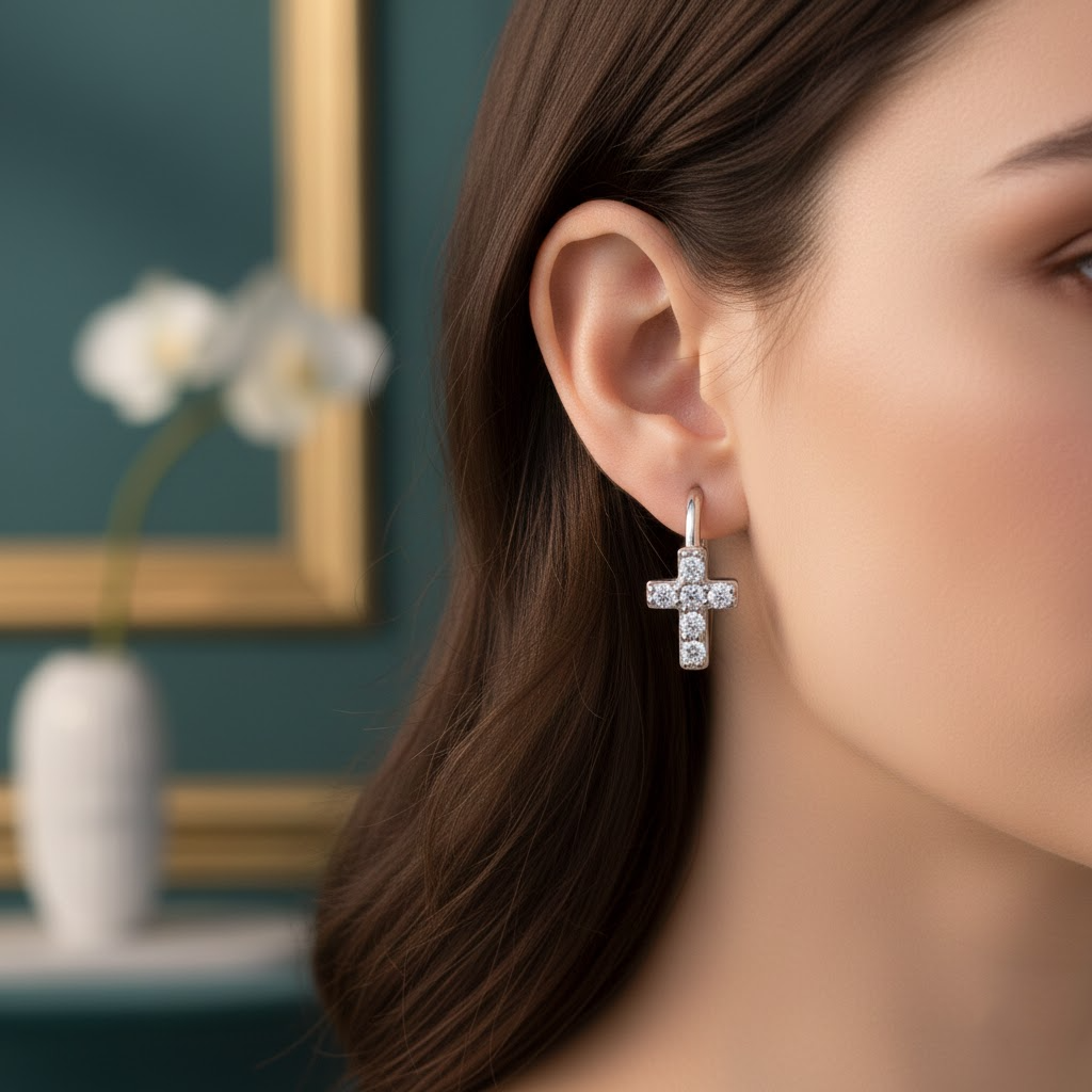 Crystal Cross Huggie Earrings, Silver Cross Hoop Earrings, Minimal Christian Jewelry, Faith Cross Earrings for Women, Religious Gift