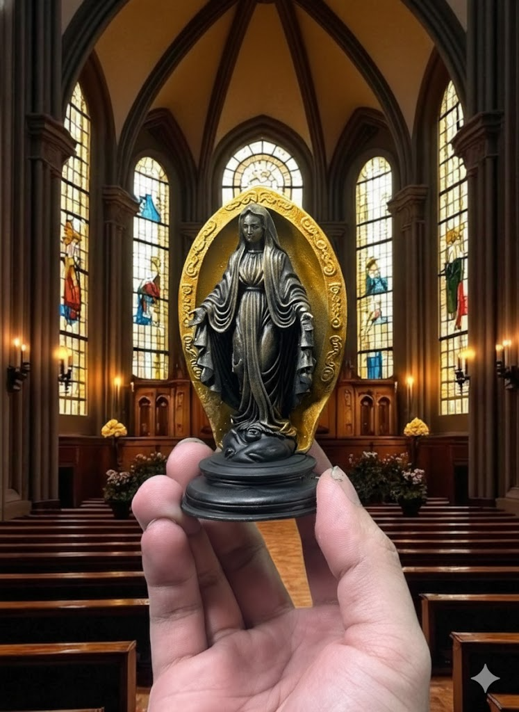 Blessed Virgin Mary Resin Statue, Handcrafted Religious Sculpture with Golden Halo