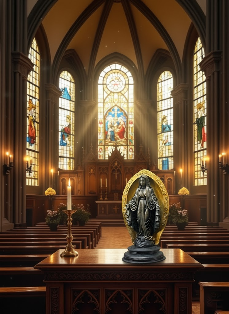 Blessed Virgin Mary Resin Statue, Handcrafted Religious Sculpture with Golden Halo