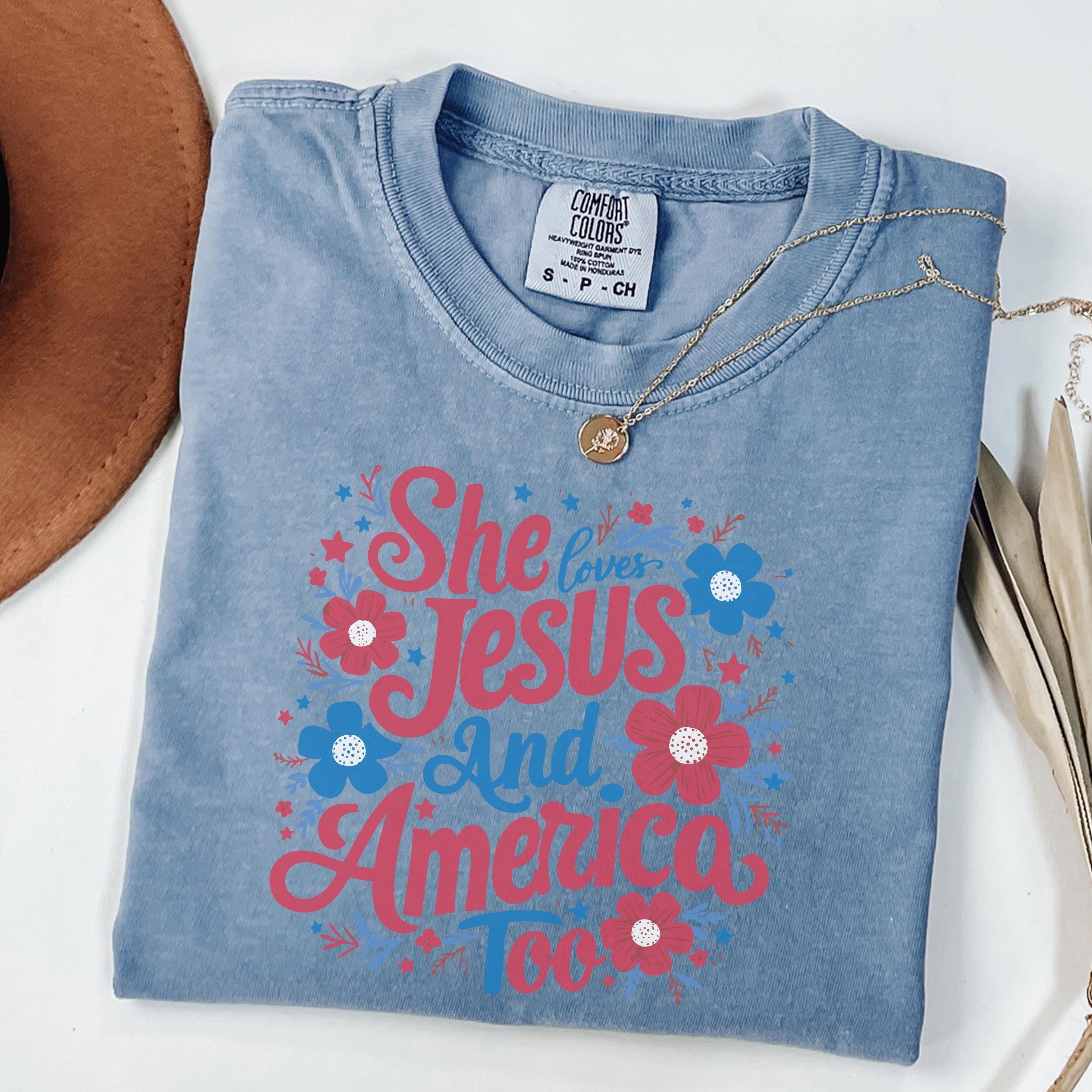 Comfort Colors® She Loves Jesus and America Too Shirt, 4th of July Shirt, USA Shirt, Fourth of July Shirt, Christian Shirt