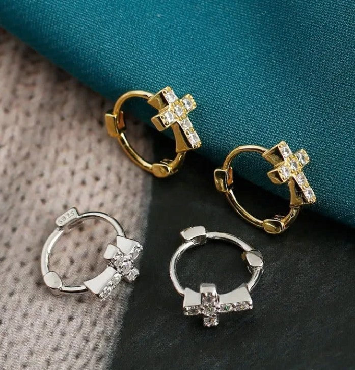 Crystal Cross Huggie Earrings, Silver Cross Hoop Earrings, Minimal Christian Jewelry, Faith Cross Earrings for Women, Religious Gift