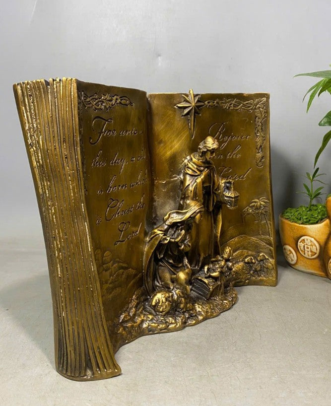 Bronze Holy Family Book Sculpture, Religious Artwork for Home or Office, Christmas Gift