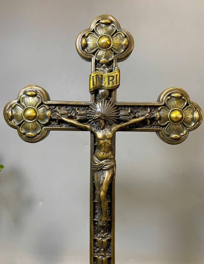 Bronze Jesus Christ Crucifix with Ornate Base, Religious Bronze Sculpture for Home or Church, Religious Art for Home Décor