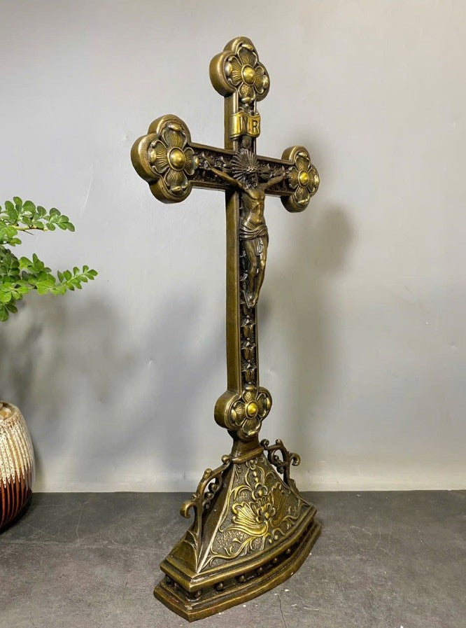 Bronze Jesus Christ Crucifix with Ornate Base, Religious Bronze Sculpture for Home or Church, Religious Art for Home Décor