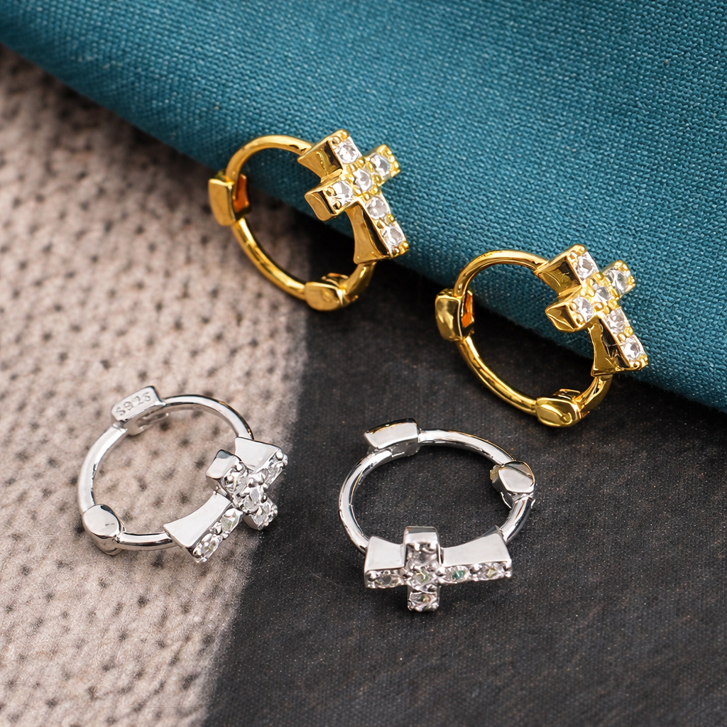 Crystal Cross Huggie Earrings, Silver Cross Hoop Earrings, Minimal Christian Jewelry, Faith Cross Earrings for Women, Religious Gift