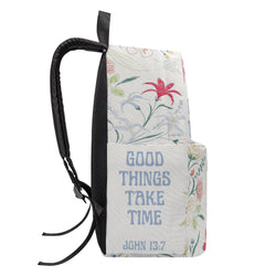 Good Things Take Time Backpack, Bible Verse Backpack, Christian Floral Backpack, Inspirational Faith School Bag, John 13:7 Backpack.PLAF31