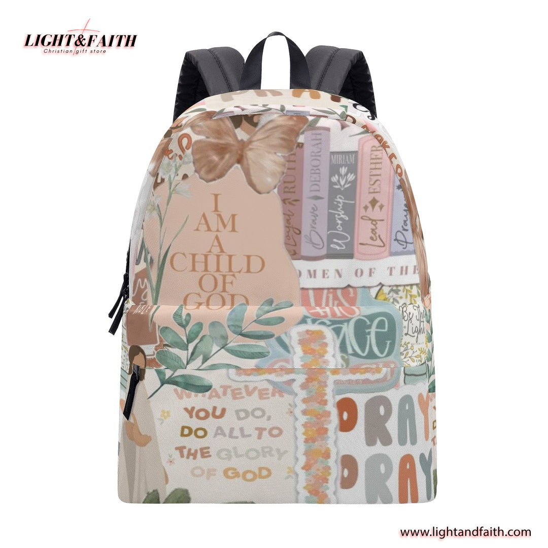 Child of God Backpack, Christian Inspirational Quote Backpack, Bible Verse Collage Backpack, Faith-Based School Bag, Motivational Scripture Gift.PLAF40