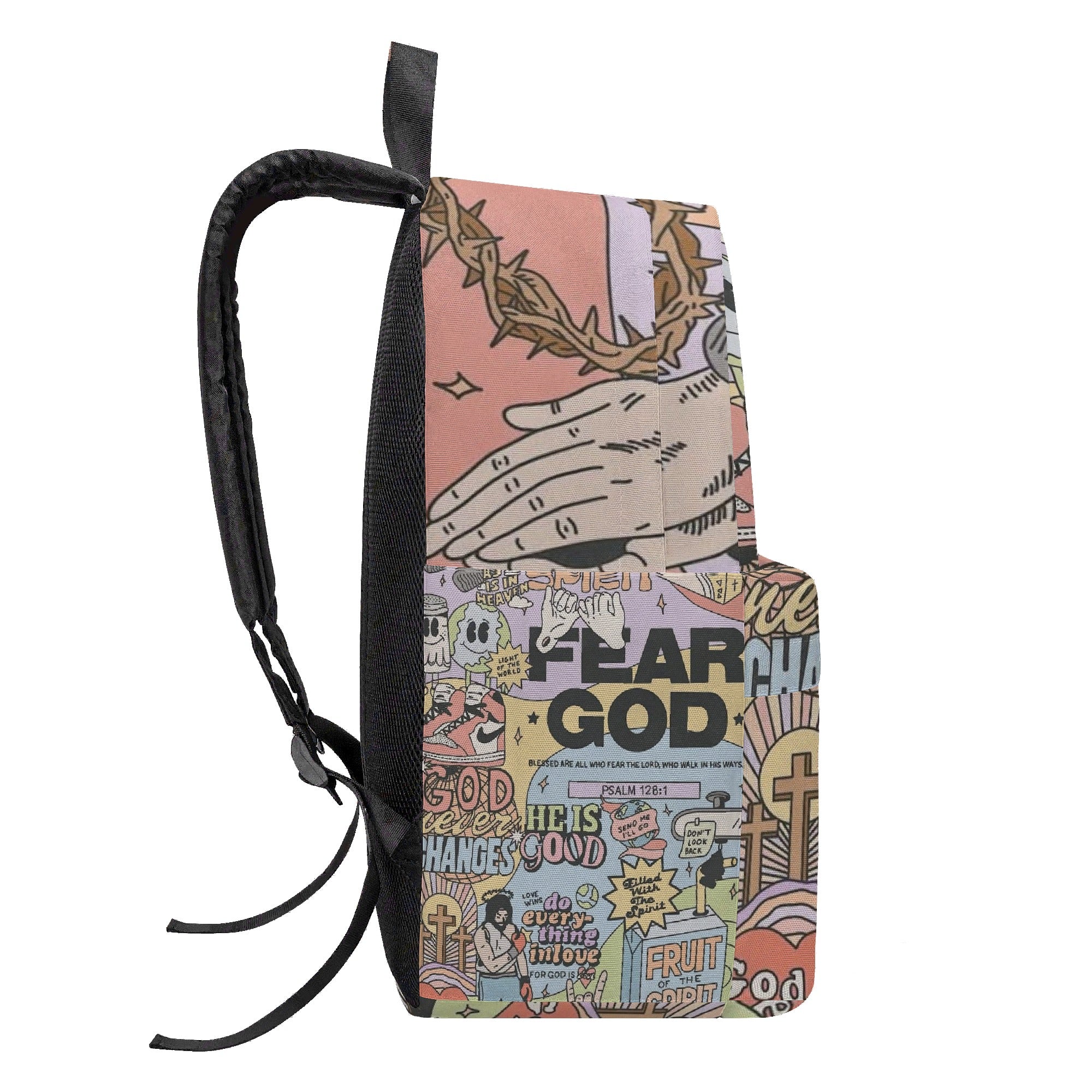 Fear God Christian Backpack, Bold Bible Verse Comic Book Style Bag, Faith Streetwear School Backpack, Religious Gift for Teens & Men.PLAF55