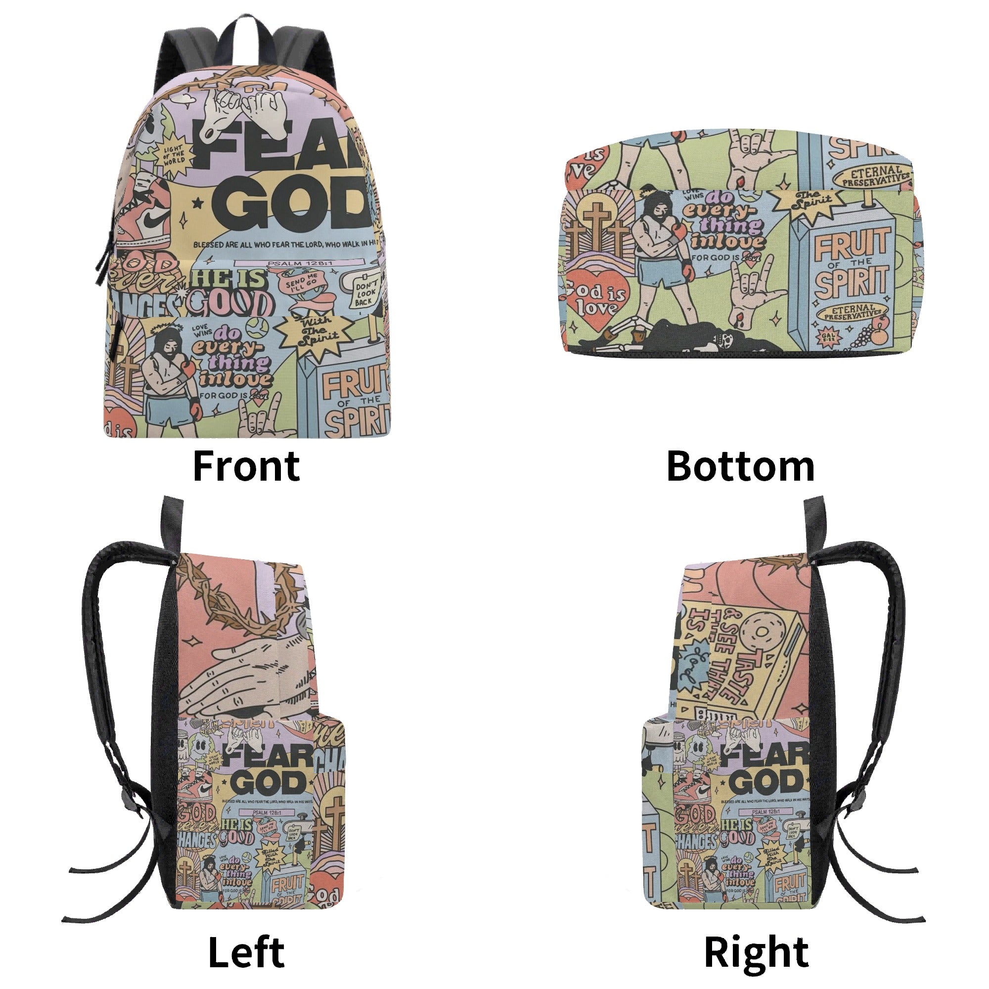 Fear God Christian Backpack, Bold Bible Verse Comic Book Style Bag, Faith Streetwear School Backpack, Religious Gift for Teens & Men.PLAF55