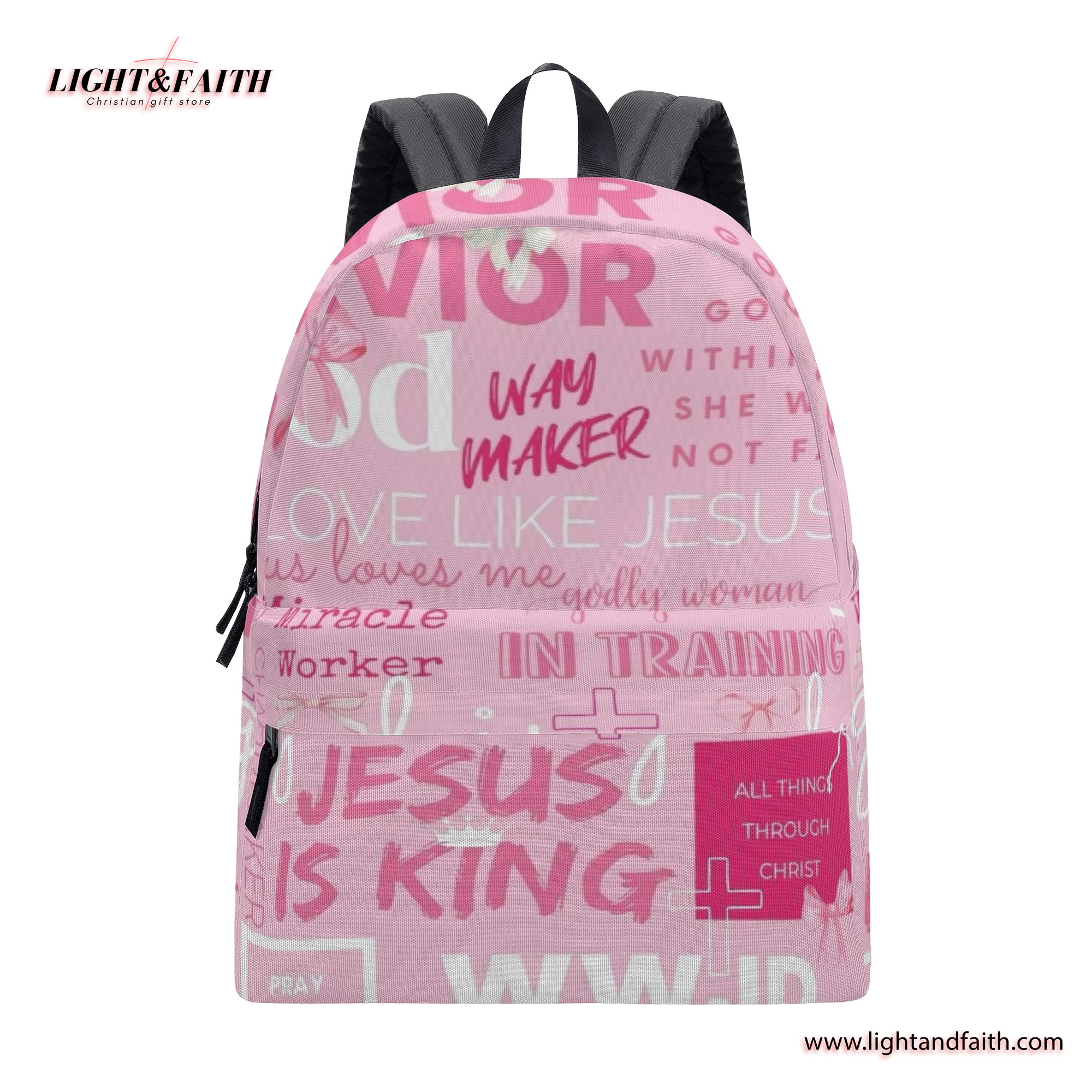 Pink Christian Backpack – Jesus Is King, Way Maker, Love Like Jesus, Faith Quote Girl Bag.PLAF44