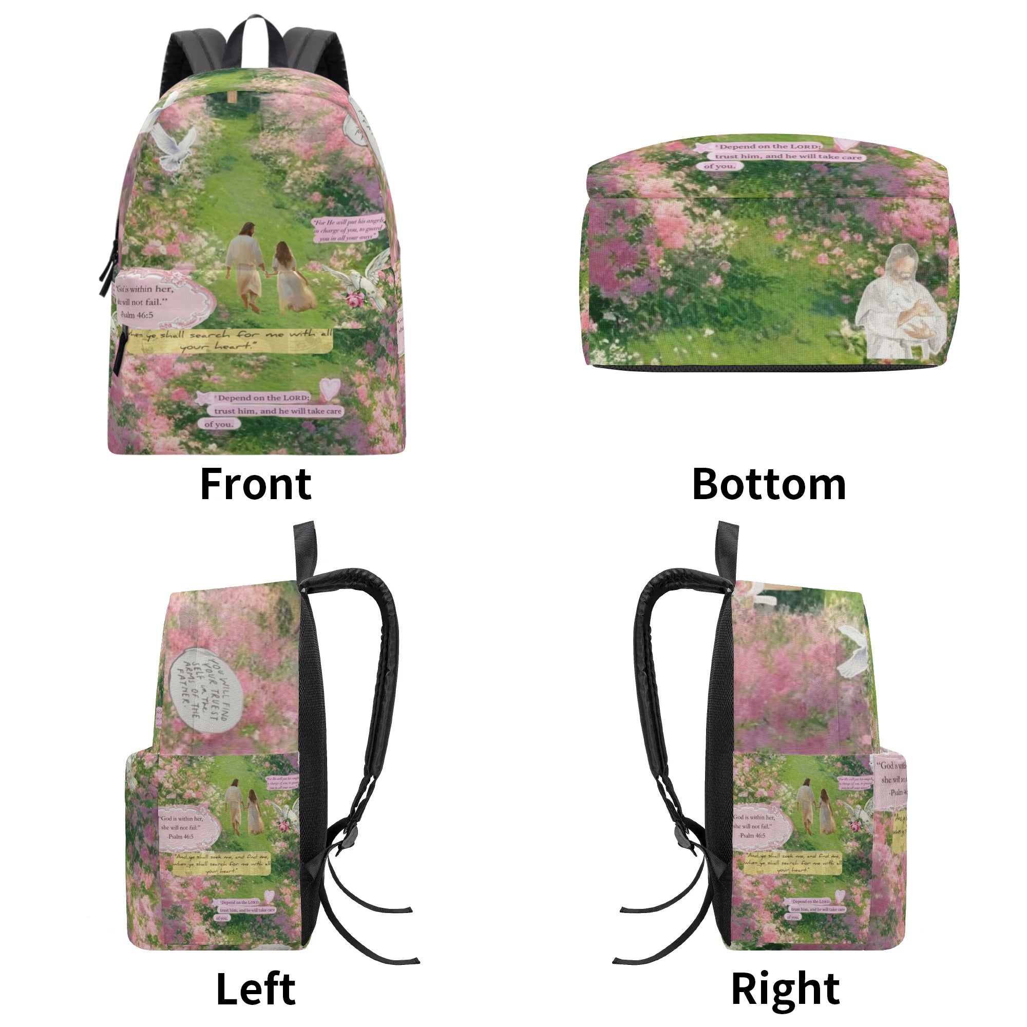Heavenly Garden Christian Backpack – Jesus Walking with Girl, Psalm 46:5, Trust in the Lord Design.PLAF54