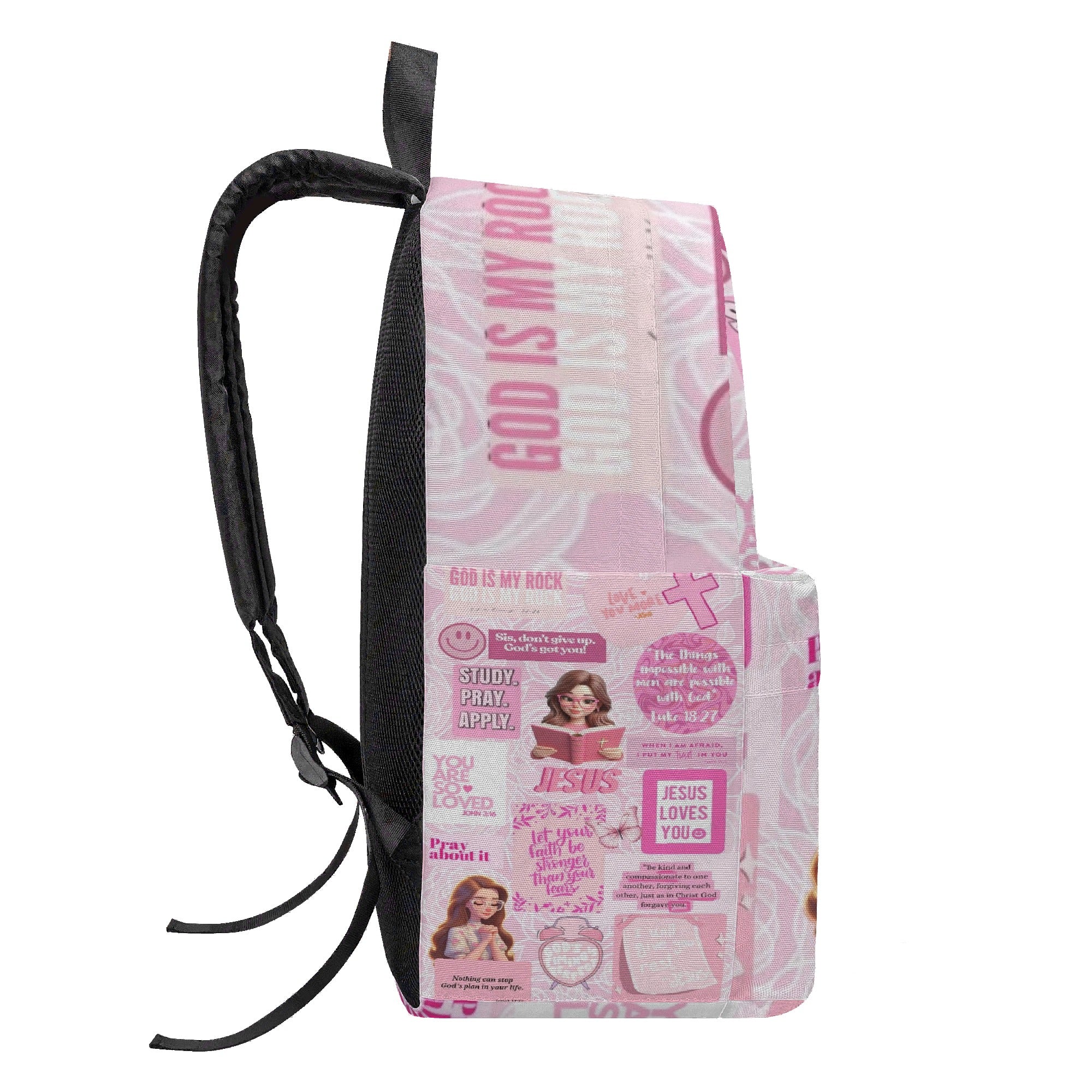 Pink Christian Girl Backpack – Cute Bible Verse Book Bag, Jesus Loves You Faith School Bag, Religious Gift for Teen Girls & Kids. PLAF15