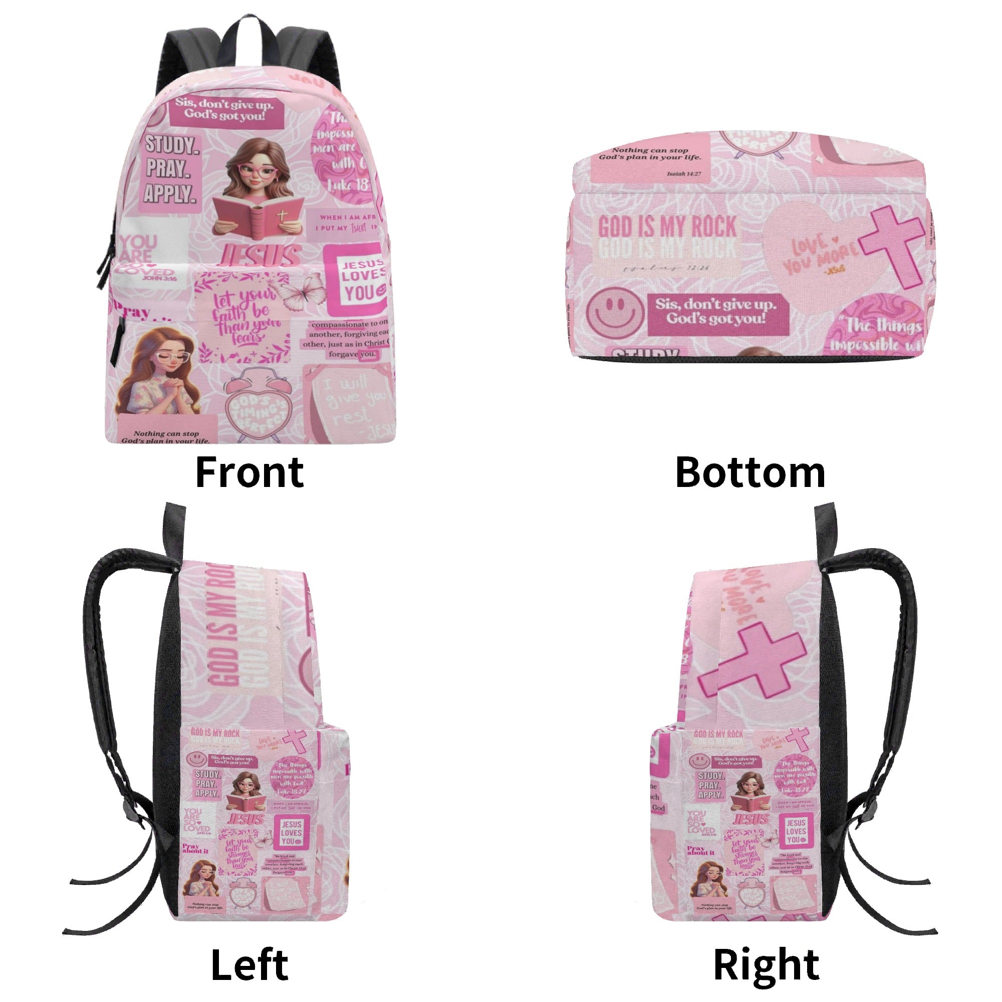 Pink Christian Girl Backpack – Cute Bible Verse Book Bag, Jesus Loves You Faith School Bag, Religious Gift for Teen Girls & Kids. PLAF15