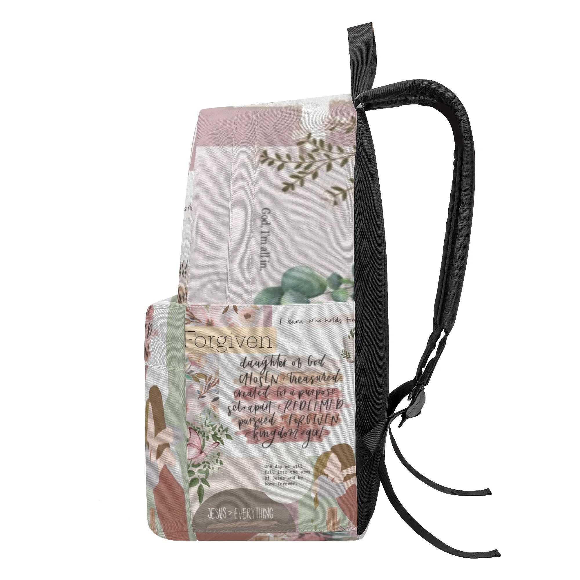 Christian Girl Backpack with Bible Verses, Floral Faith Quotes, Forgiven & Chosen Design. PLAF30