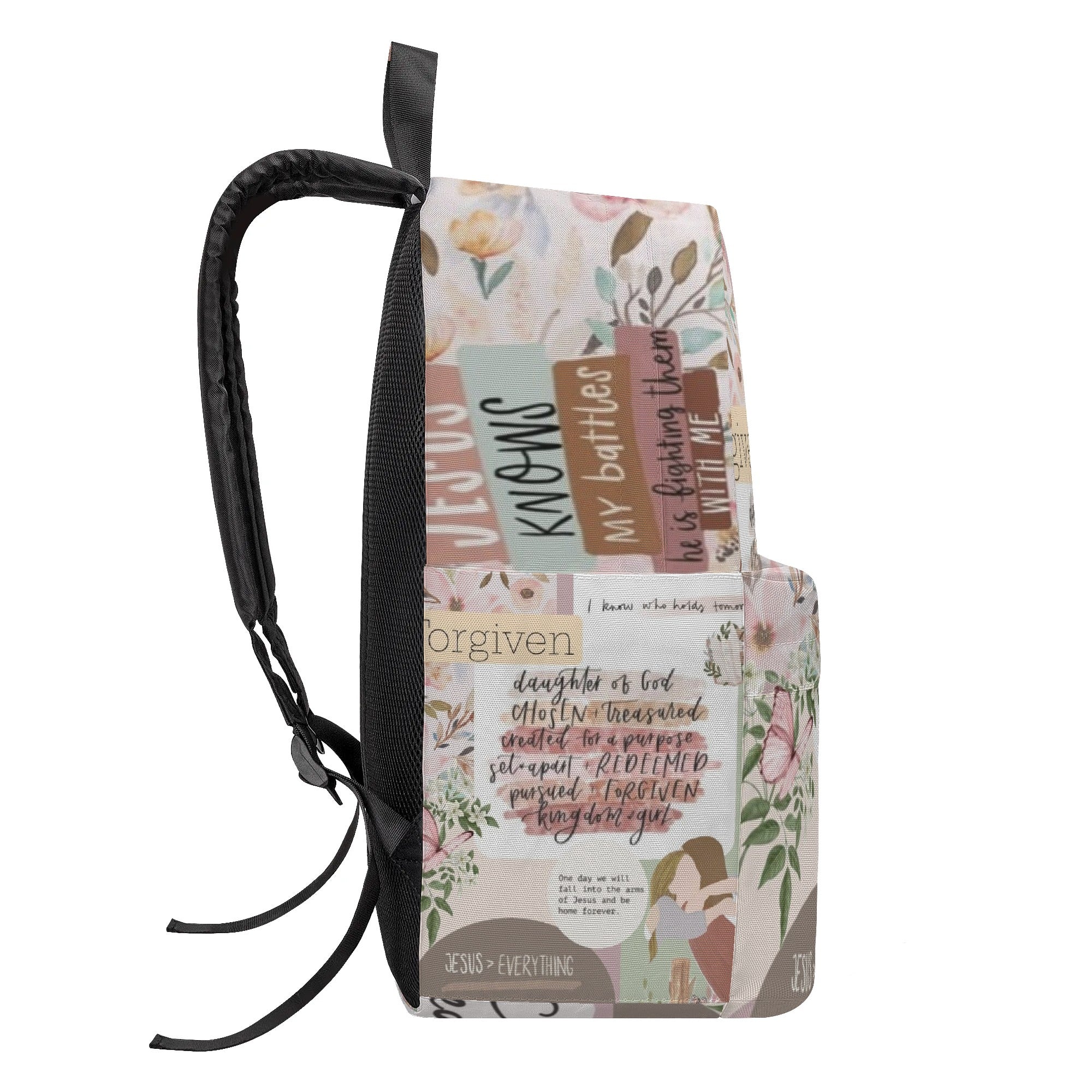Christian Girl Backpack with Bible Verses, Floral Faith Quotes, Forgiven & Chosen Design. PLAF30