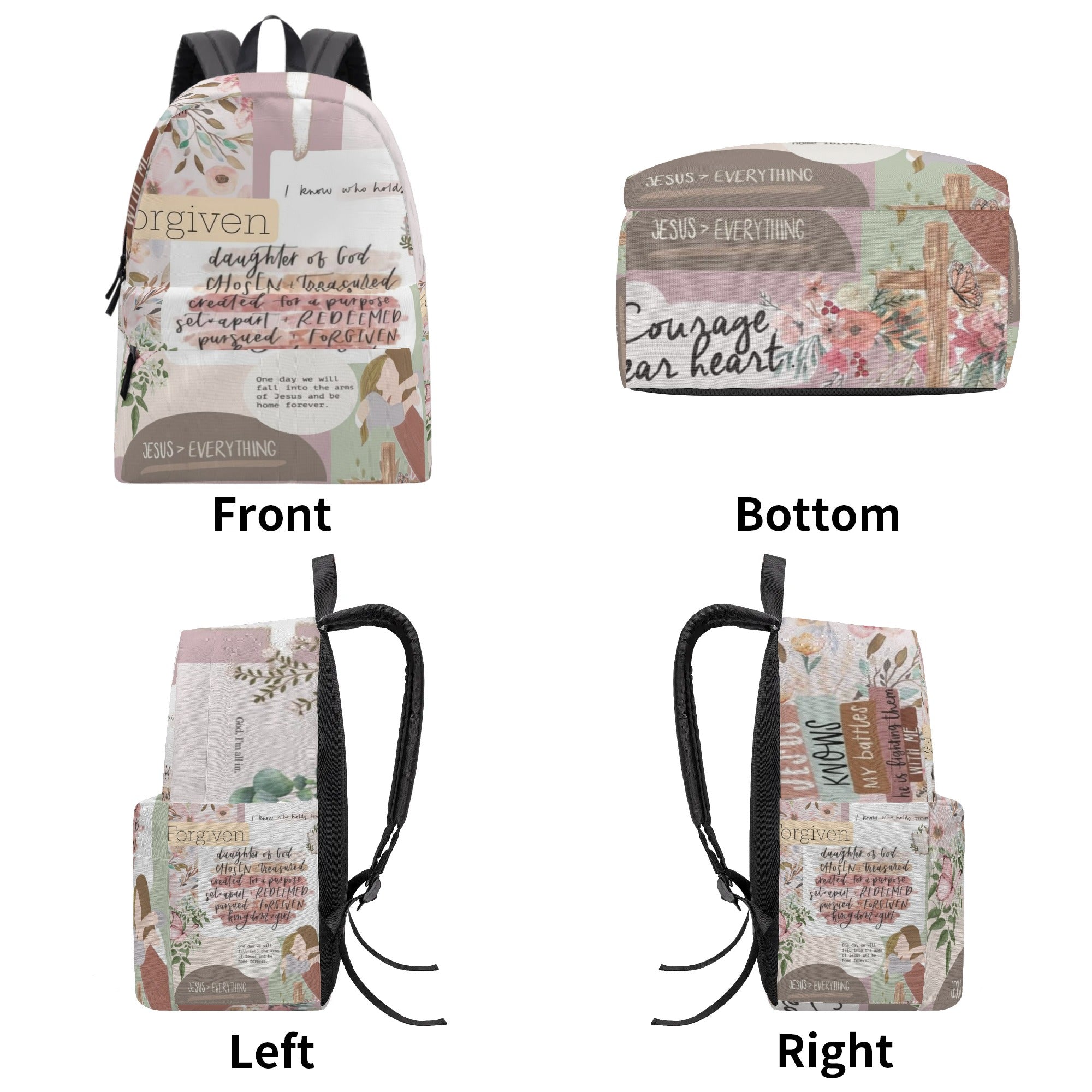 Christian Girl Backpack with Bible Verses – Floral Faith Quotes, Forgiven & Chosen Design. PLAF30