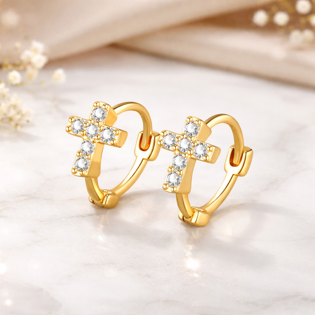 Crystal Cross Huggie Earrings, Silver Cross Hoop Earrings, Minimal Christian Jewelry, Faith Cross Earrings for Women, Religious Gift