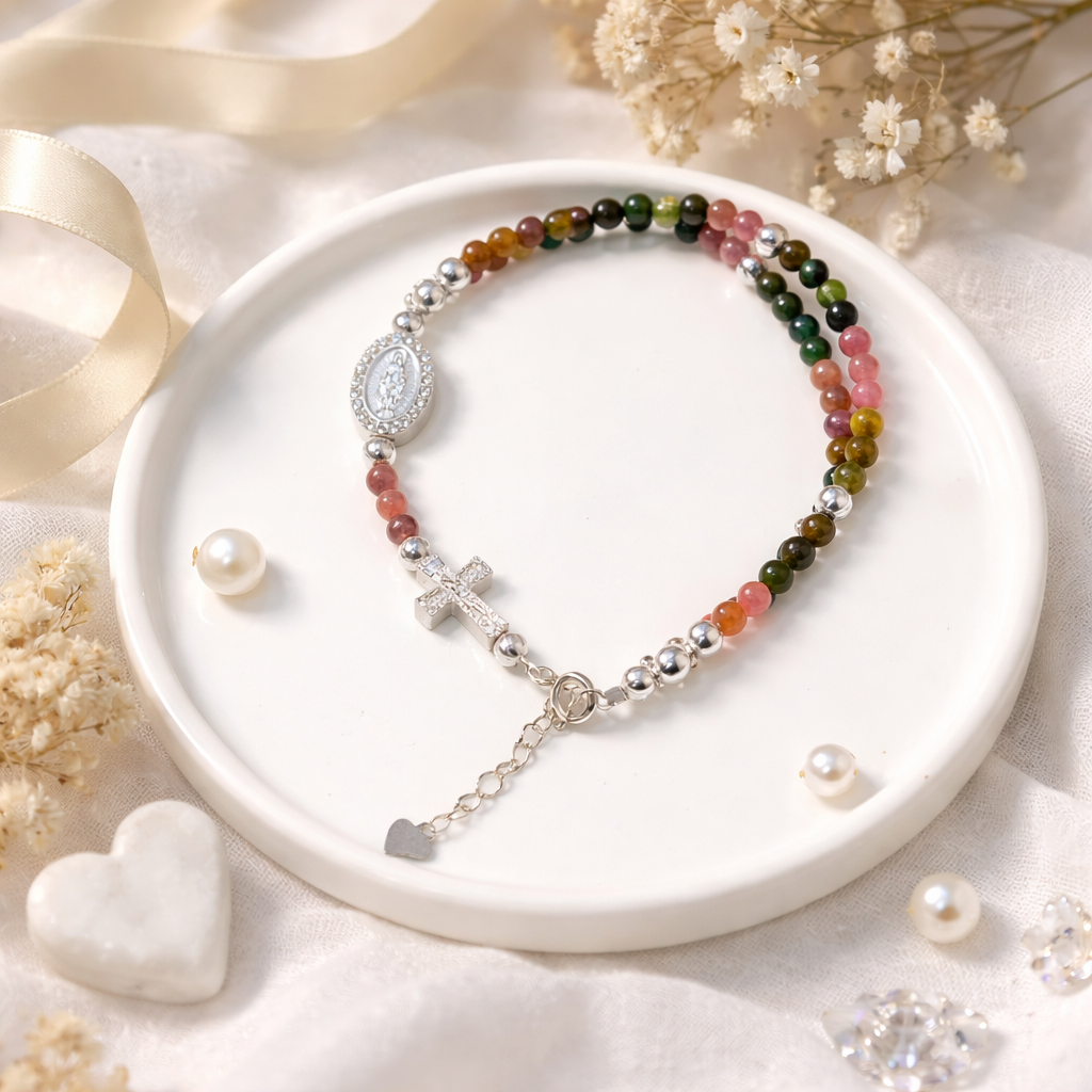 50 Bead Tourmaline Rosary Bracelet, Sterling Silver Catholic Bracelet, Prayer Beads Bracelet, Christian Jewelry, Faith Bracelet, Gift for Him Her