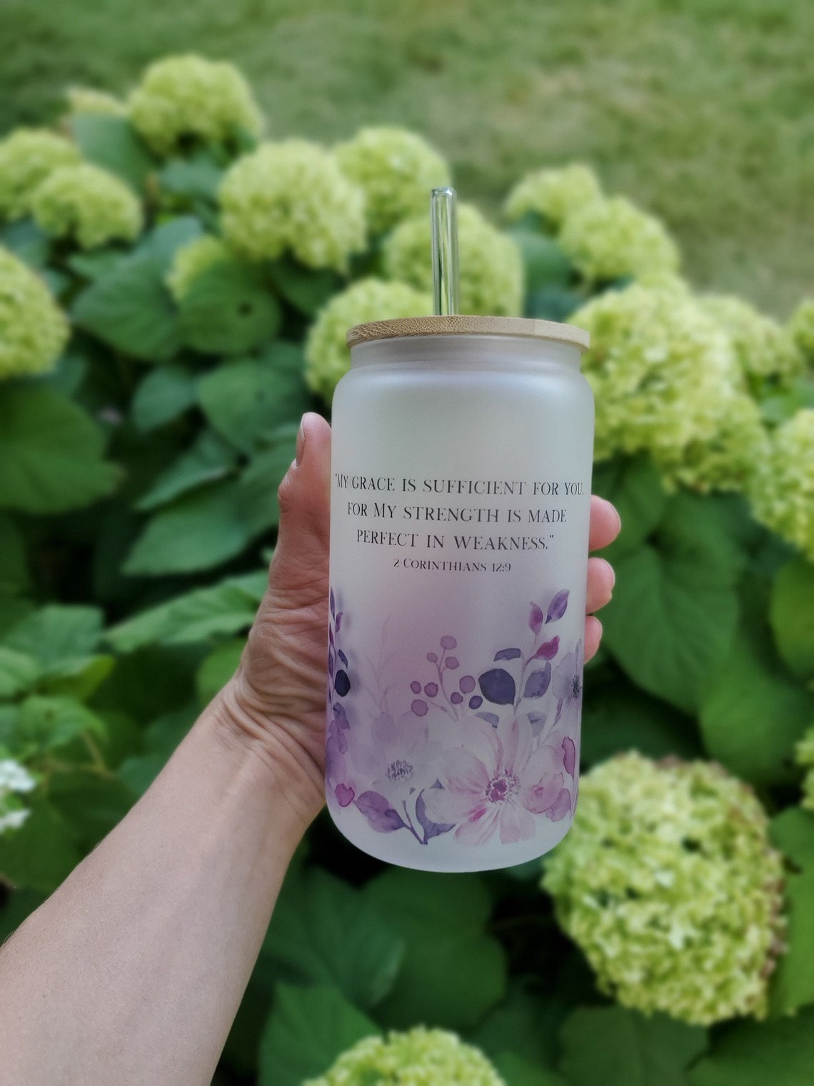 Scripture Verse Glass Can Flower Tumbler with Bible Verse, faith Jesus Frosted Glass Can. GCLAF23
