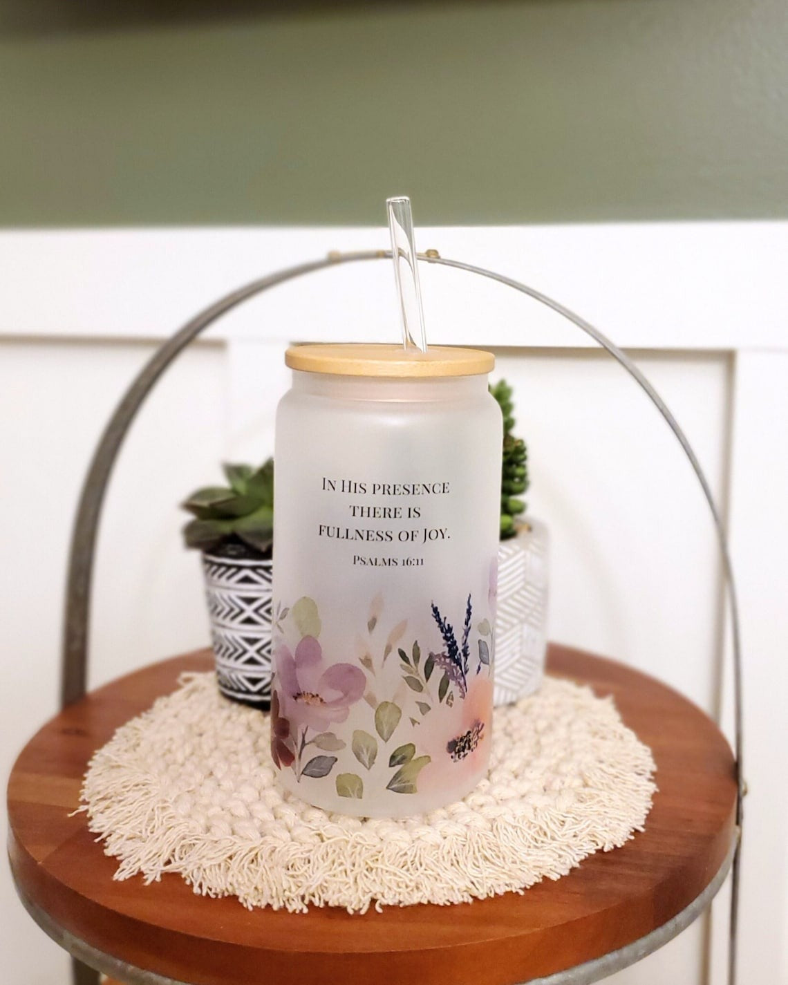 Scripture Verse Glass Can, Flower with Bible Verse, faith Frosted Glass Can. GCLAF25