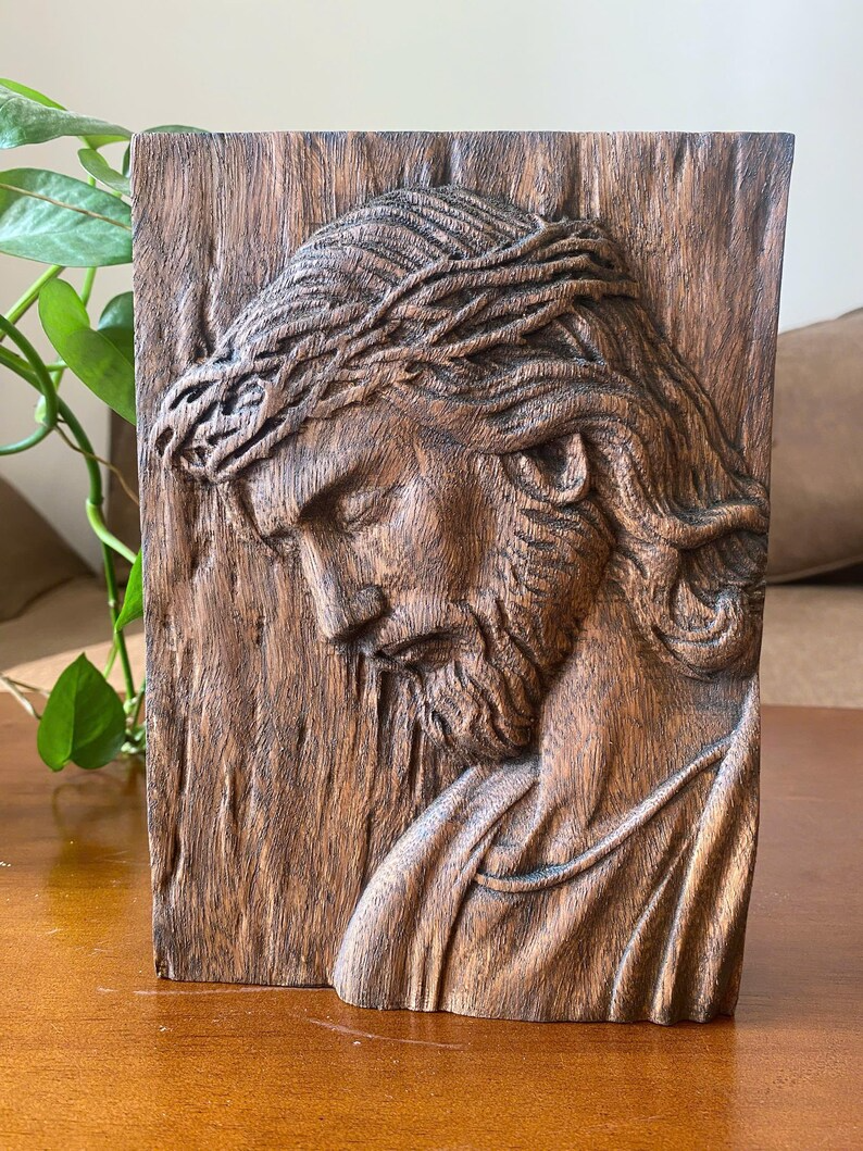 Hand Carved Jesus Christ Wooden Relief – Crown of Thorns Wall Art – Christian Home Decor and Faith Gift