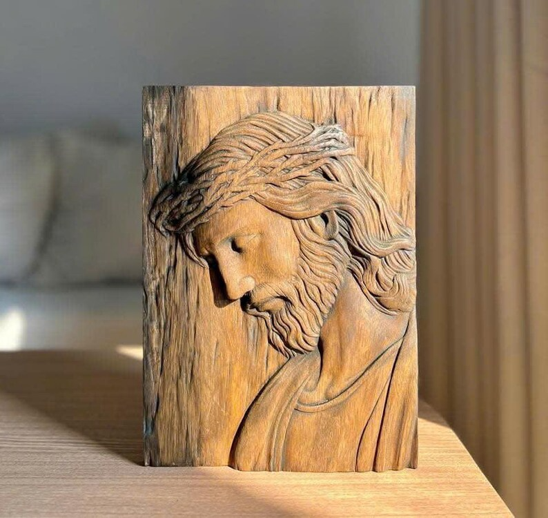 Hand Carved Jesus Christ Wooden Relief – Crown of Thorns Wall Art – Christian Home Decor and Faith Gift