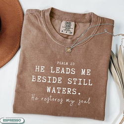 Comfort Colors He Leads Me Beside Still Waters Shirt, Christian Shirt For Women, Floral Bible Verse Tee Faith Based Jesus Apparel Religious