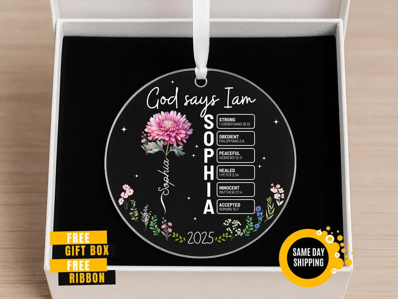 Christian Bible Verse Ornament, Custom Name and Birth Flower Christmas Gift, God Says I Am Keepsake