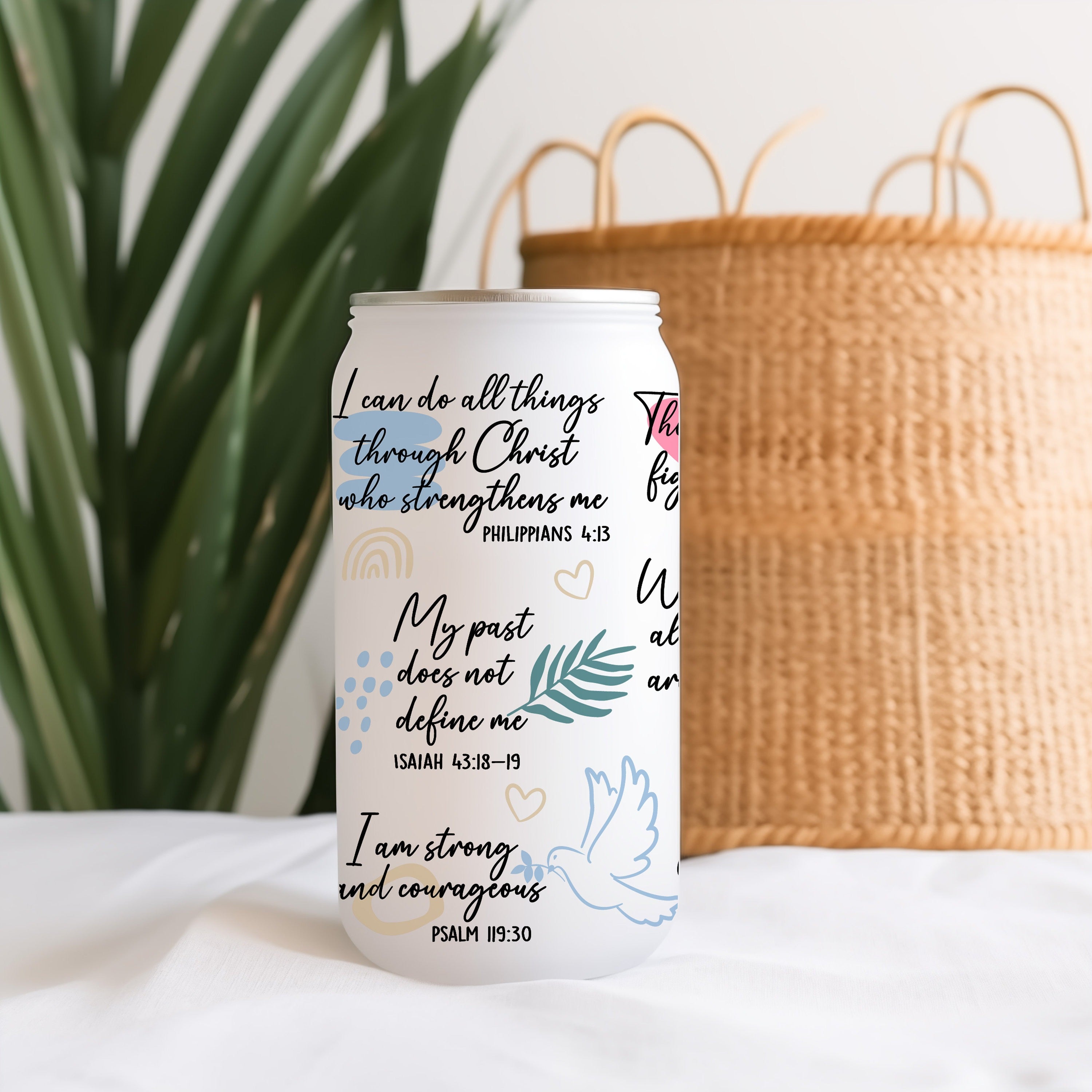 Christian Affirmations Glass Can, Inspirational Libbey Glass Can Bible Verse, Scripture Beer Glass Can GCLAF27