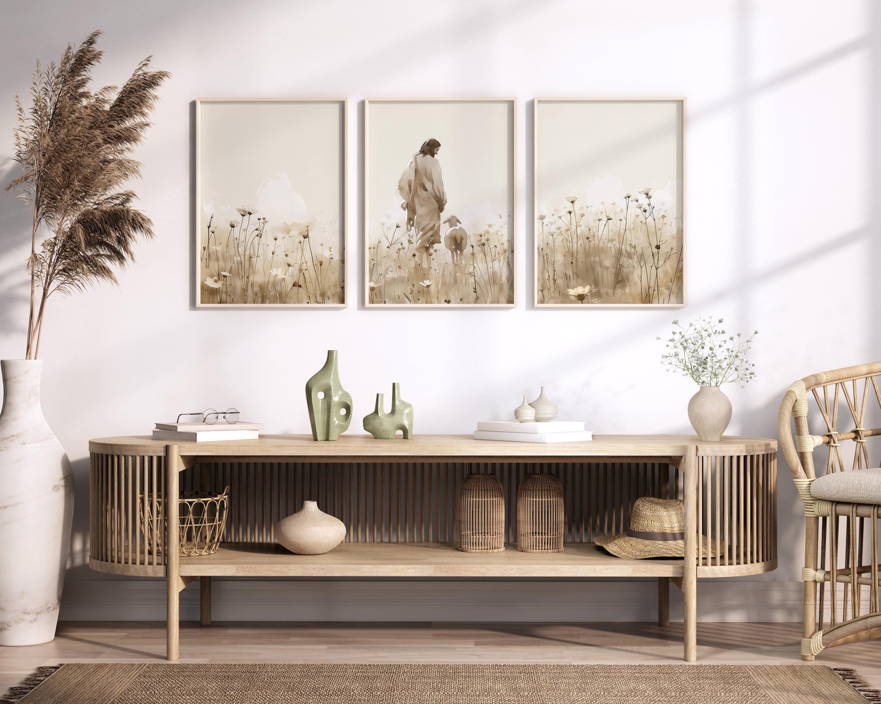 Jesus & Lost Sheep on a Wild Flower Field, Set of 3, Beige Bible Prayer, Christian Faith Shepherd, God Follower