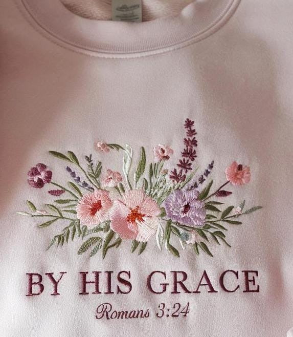 By His Grace Embroidered Christian Sweatshirt Vintage, Christian Men Gift, Faith Streetwear, Aesthetic Christian Easter Shirt, Easter Day