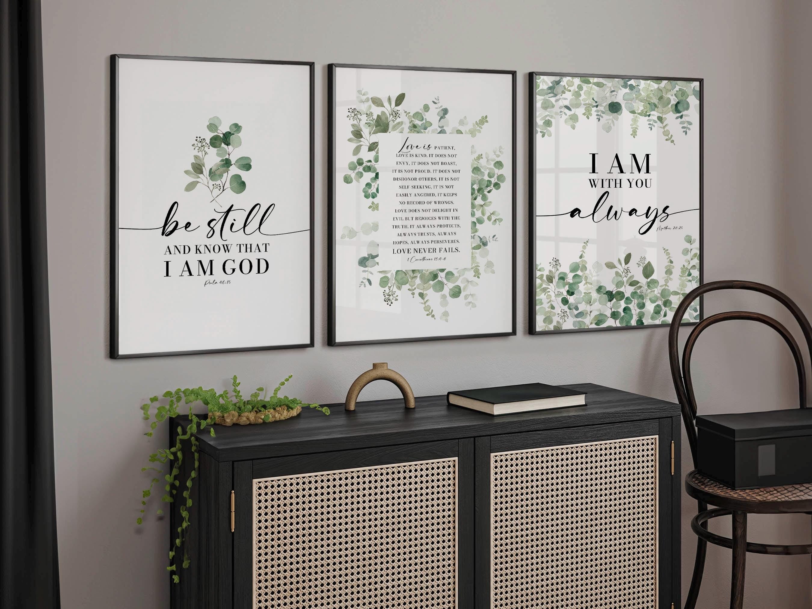 Christian Bible Verse Wall Art Set of 3, Be Still and Know That I Am God Prints, Scripture Poster Set, Botanical Faith Home Decor, Christian Gift