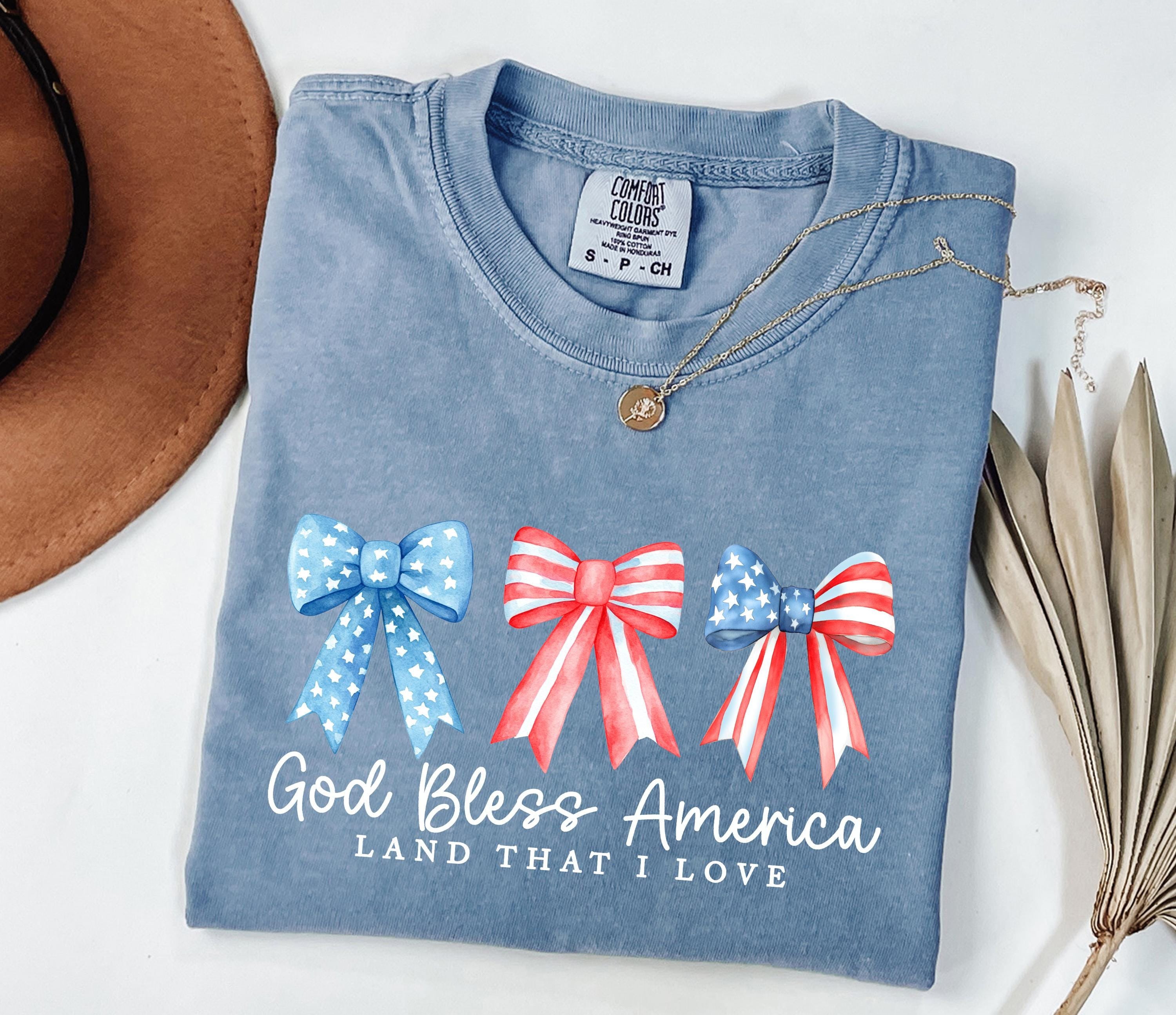 Comfort Colors® 4th of July Bow Shirt, God Bless America Shirt, Patriotic Coquette Bow Shirt, Coquette America Tee, Women's Patriotic Shirt