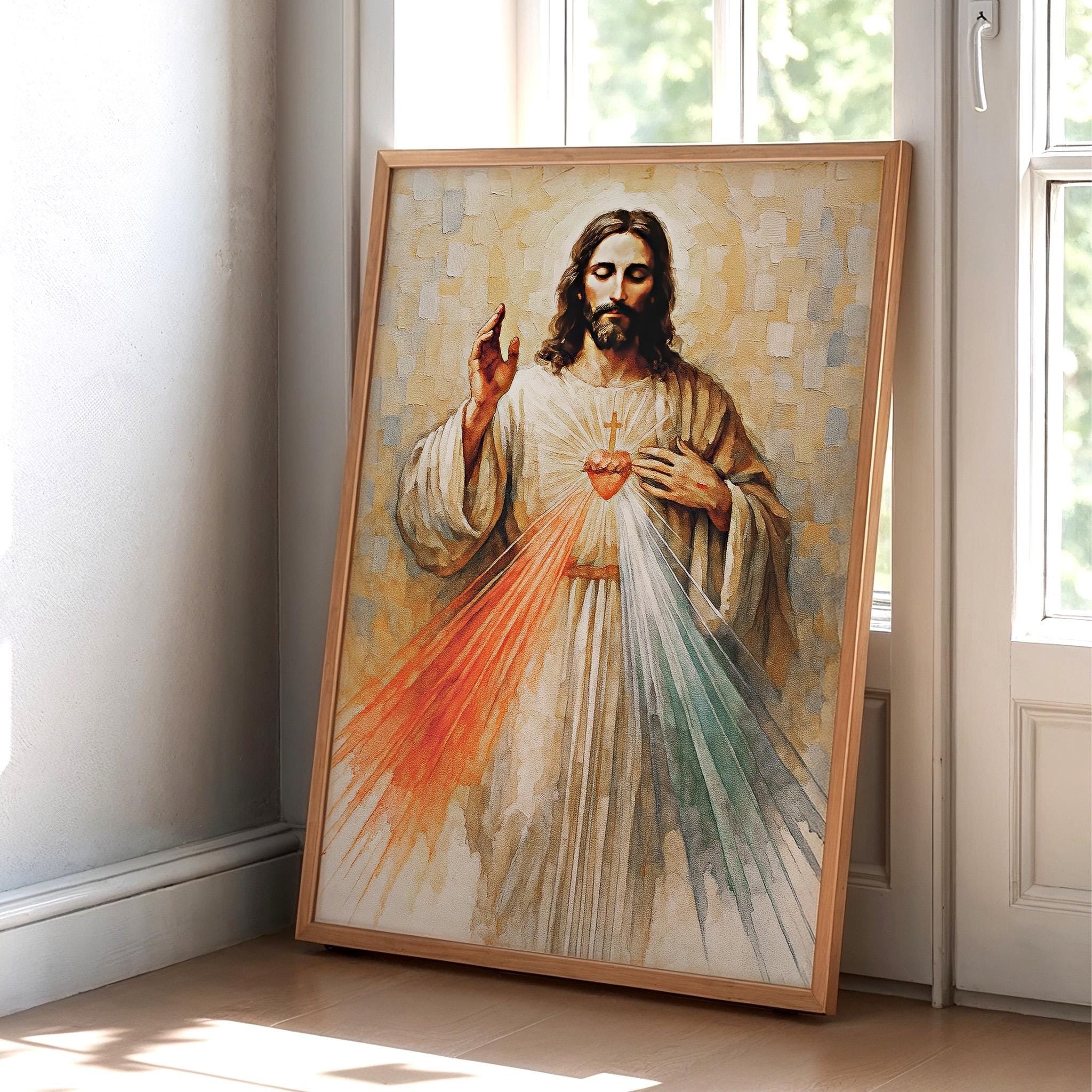 Sacred Heart of Jesus Divine Mercy Wall Poster, Catholic Christian Religious Art, Inspirational Jesus Christ for Living Room or Church