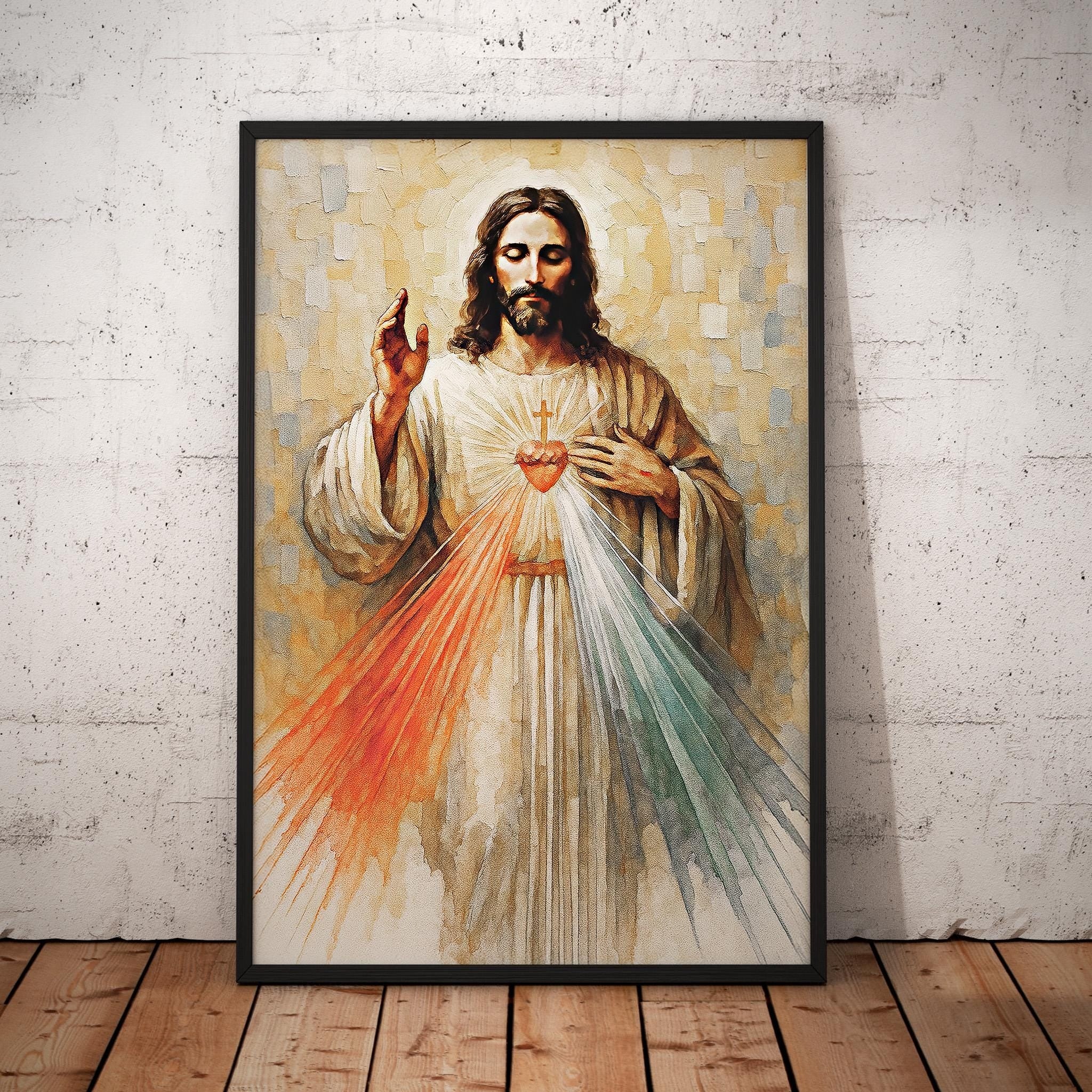 Sacred Heart of Jesus Divine Mercy Wall Poster, Catholic Christian Religious Art, Inspirational Jesus Christ for Living Room or Church