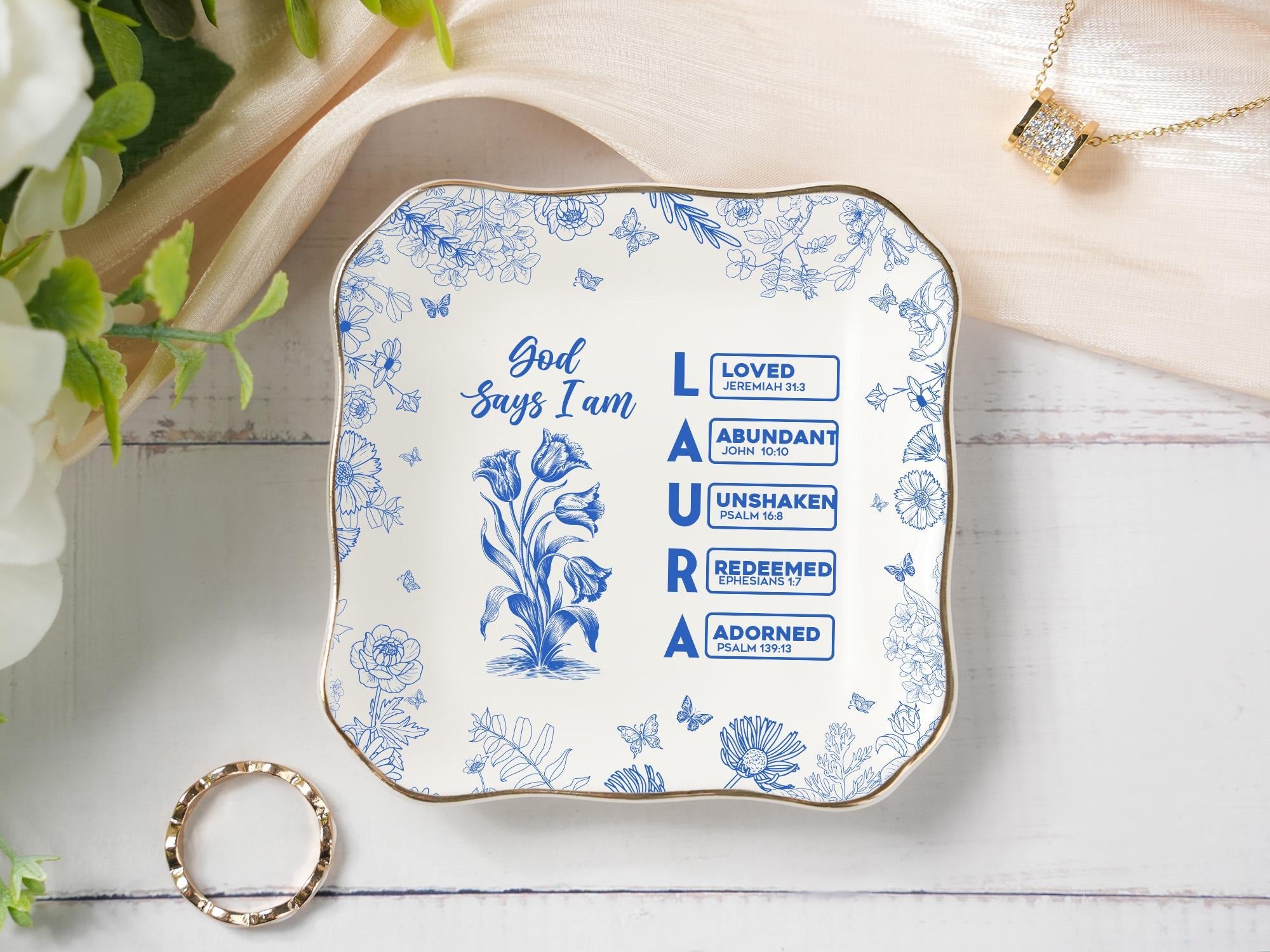Personalized Christian Name Jewelry Dish, Ring Dish With Bible Verses, Custom Scripture Gift, God Says I Am Toile De Jouy, Religious Gift JDLAF01