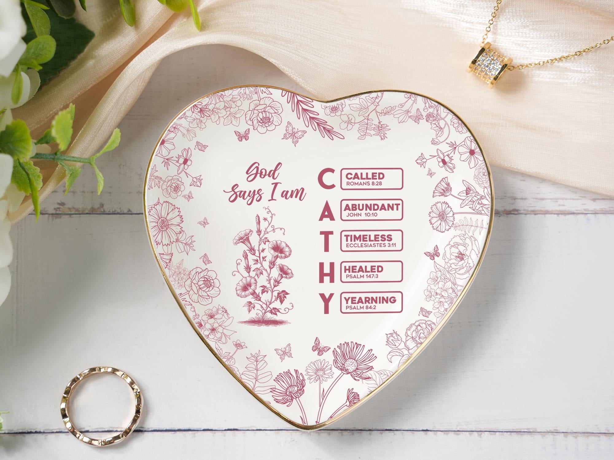 Personalized Christian Name Jewelry Dish, Ring Dish With Bible Verses, Custom Scripture Gift, God Says I Am Toile De Jouy, Religious Gift JDLAF01