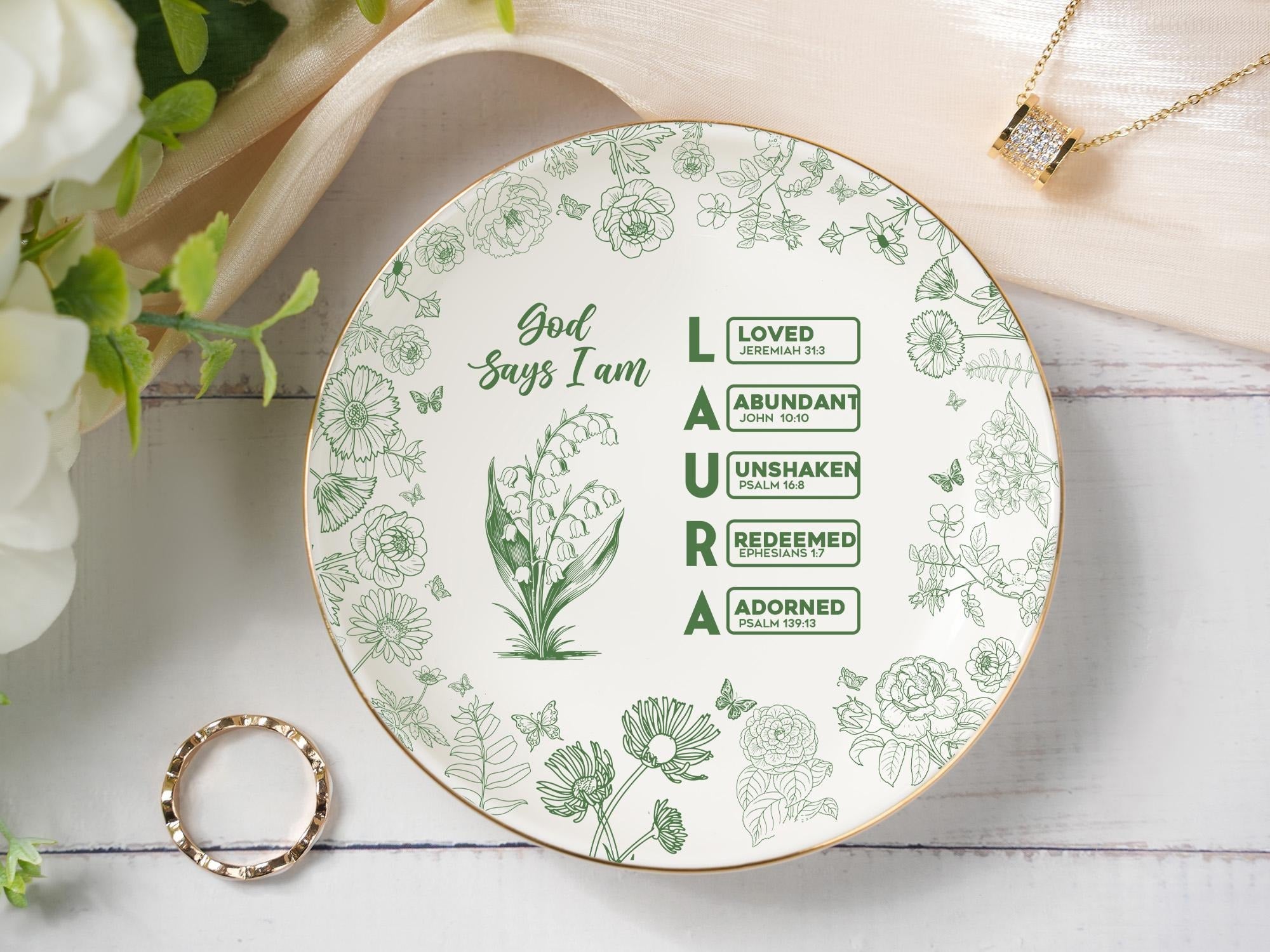 Personalized Christian Name Jewelry Dish, Ring Dish With Bible Verses, Custom Scripture Gift, God Says I Am Toile De Jouy, Religious Gift JDLAF01