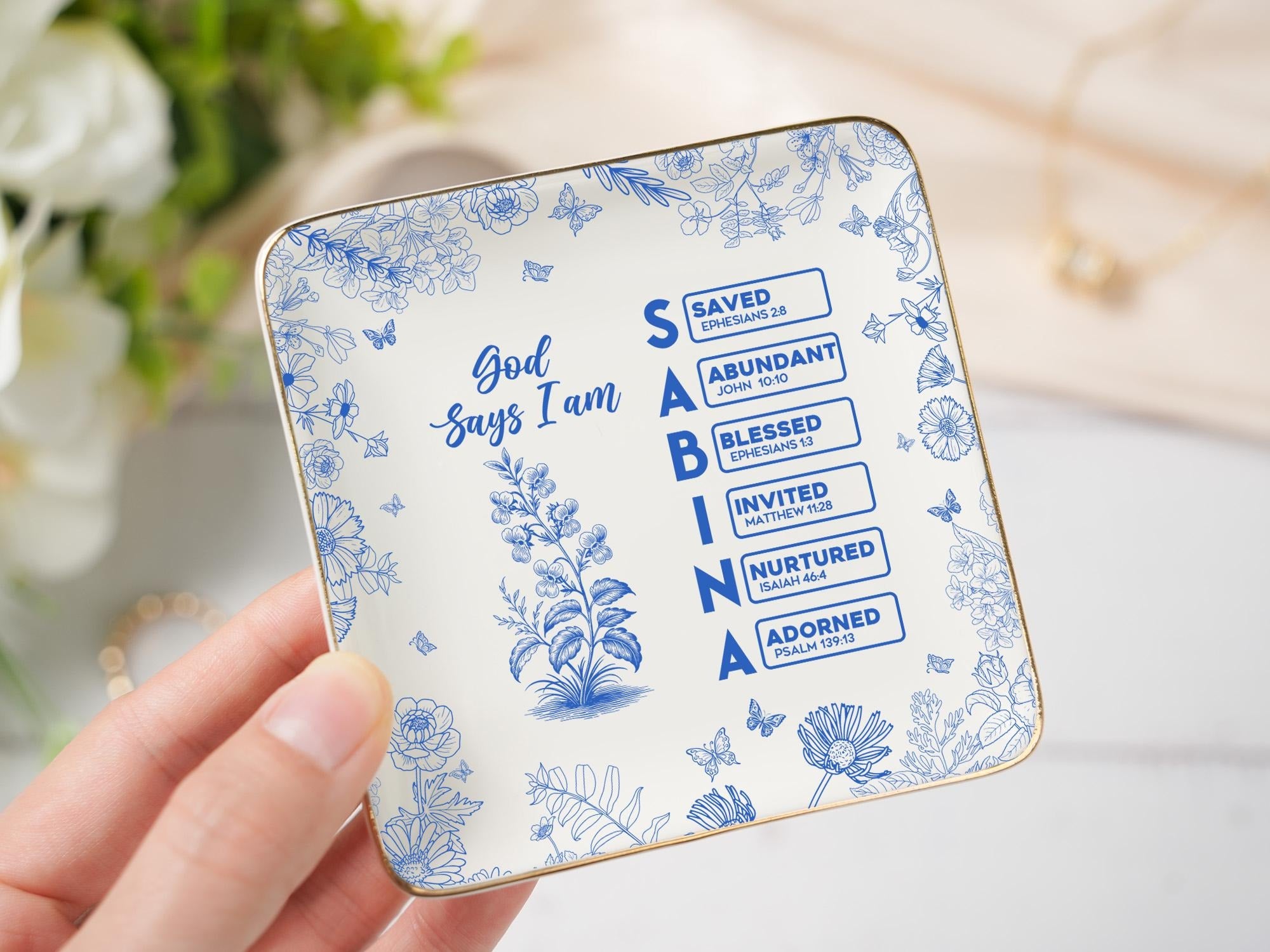 Personalized Christian Name Jewelry Dish, Ring Dish With Bible Verses, Custom Scripture Gift, God Says I Am Toile De Jouy, Religious Gift JDLAF01