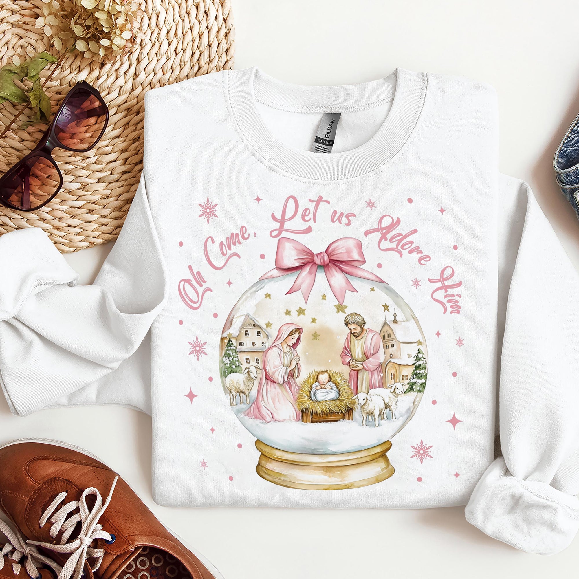 Oh Come Let Us Adore Him Sweatshirt, Be The Light Sweatshirt, Coquette Jesus Christmas Sweatshirt. ILAF18