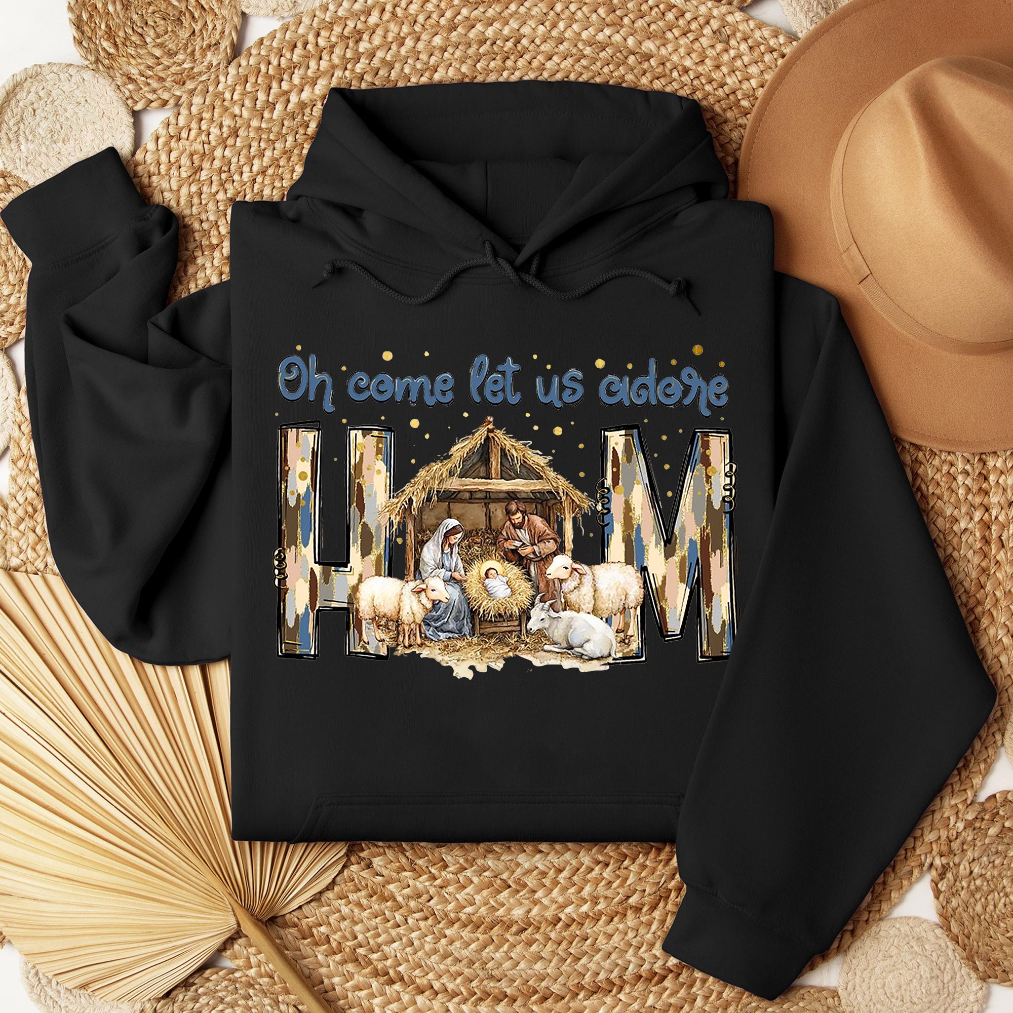 Oh Come Let Us Adore Him Sweatshirt, Nativity Scene Christmas Sweatshirt, Coquette Jesus Christmas Sweatshirt