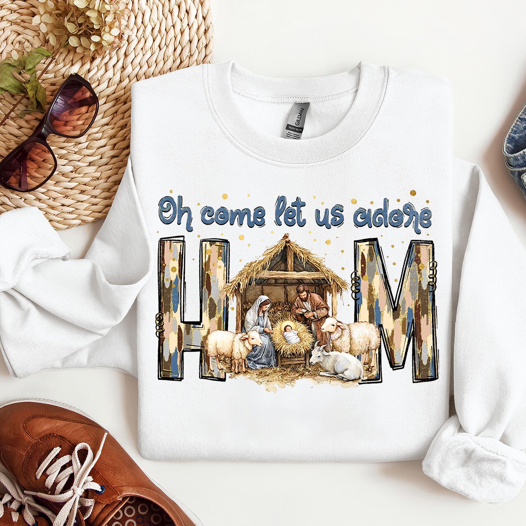 Oh Come Let Us Adore Him Sweatshirt, Nativity Scene Christmas Sweatshirt, Coquette Jesus Christmas Sweatshirt