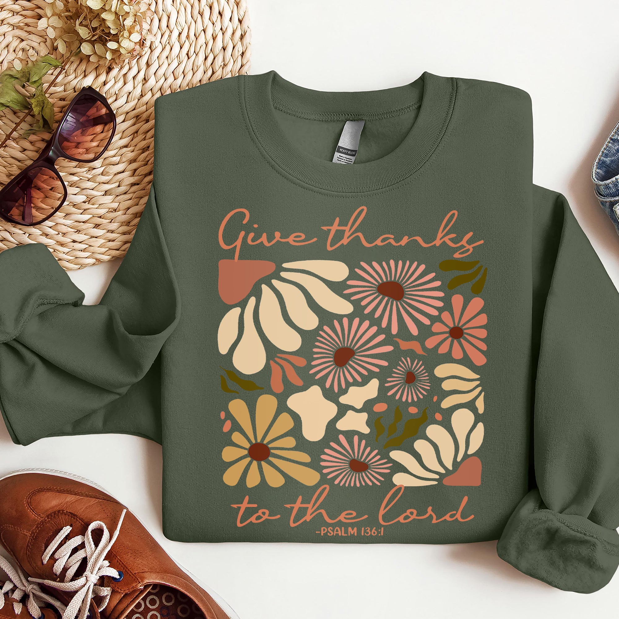 Give Thanks To The Lord Sweatshirt, Boho Floral Christian Sweatshirt, Fall Bible Verse Sweatshirt. ILAF24