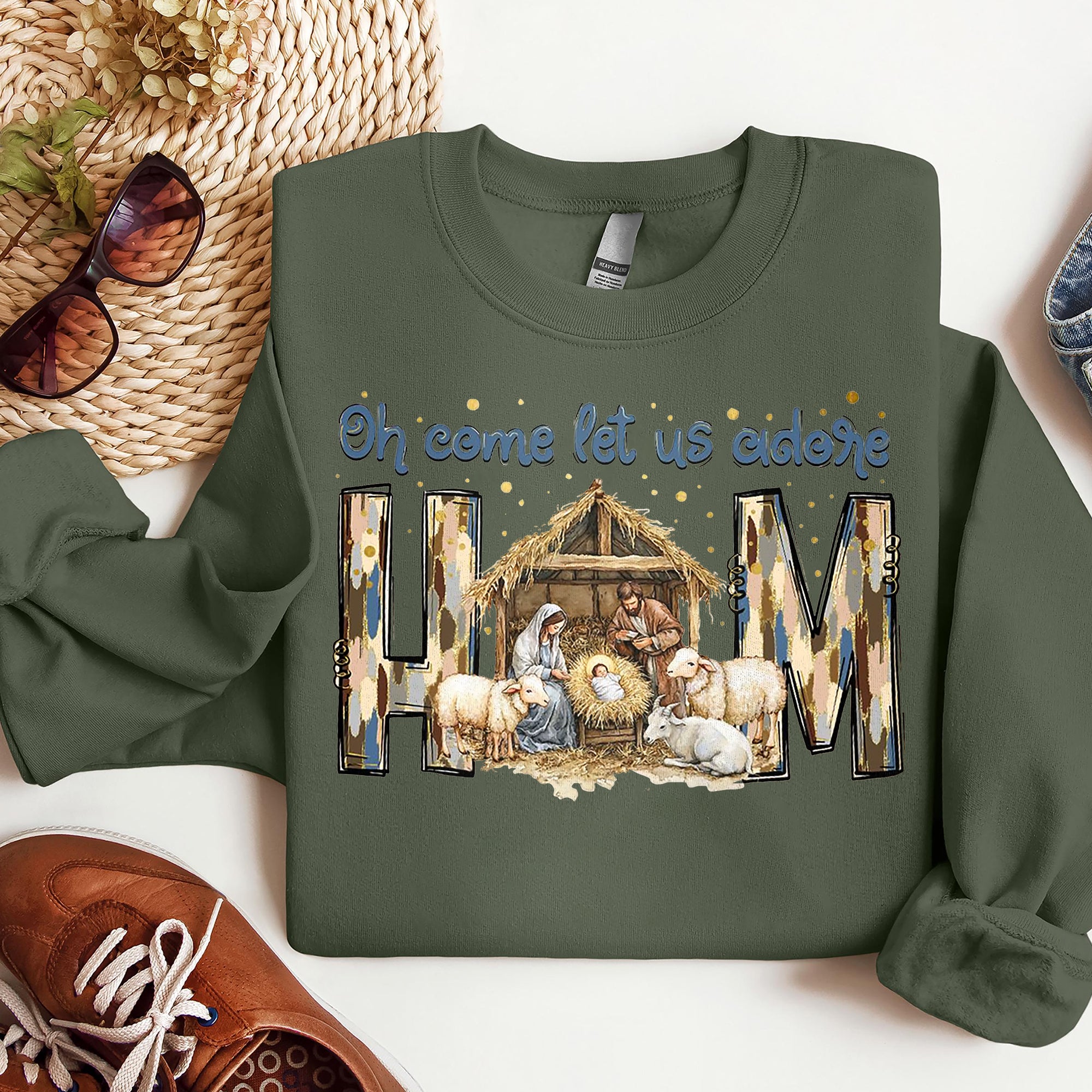 Oh Come Let Us Adore Him Sweatshirt, Nativity Scene Christmas Sweatshirt, Coquette Jesus Shirt. ILAF26