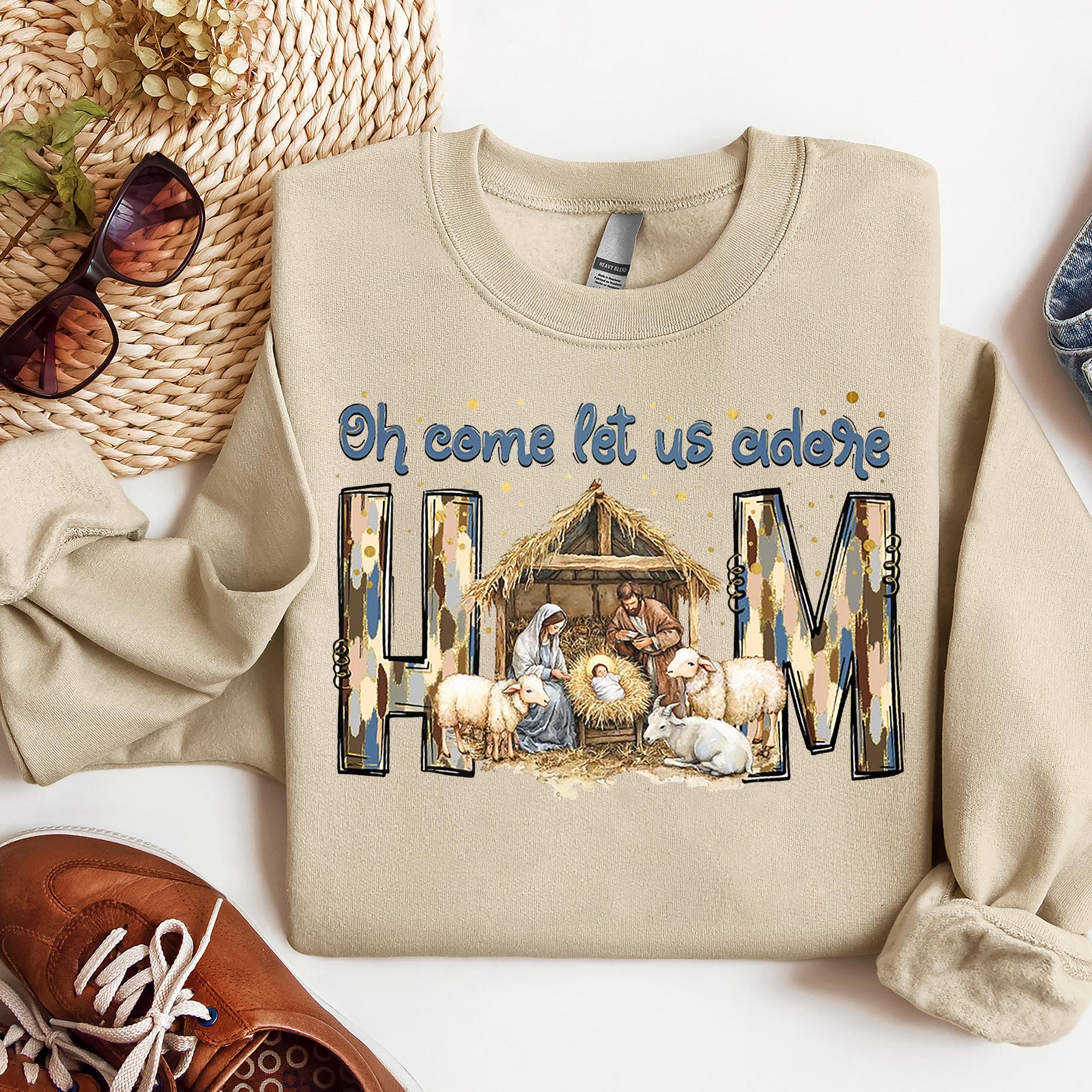 Oh Come Let Us Adore Him Sweatshirt, Nativity Scene Christmas Sweatshirt, Coquette Jesus Shirt. ILAF26