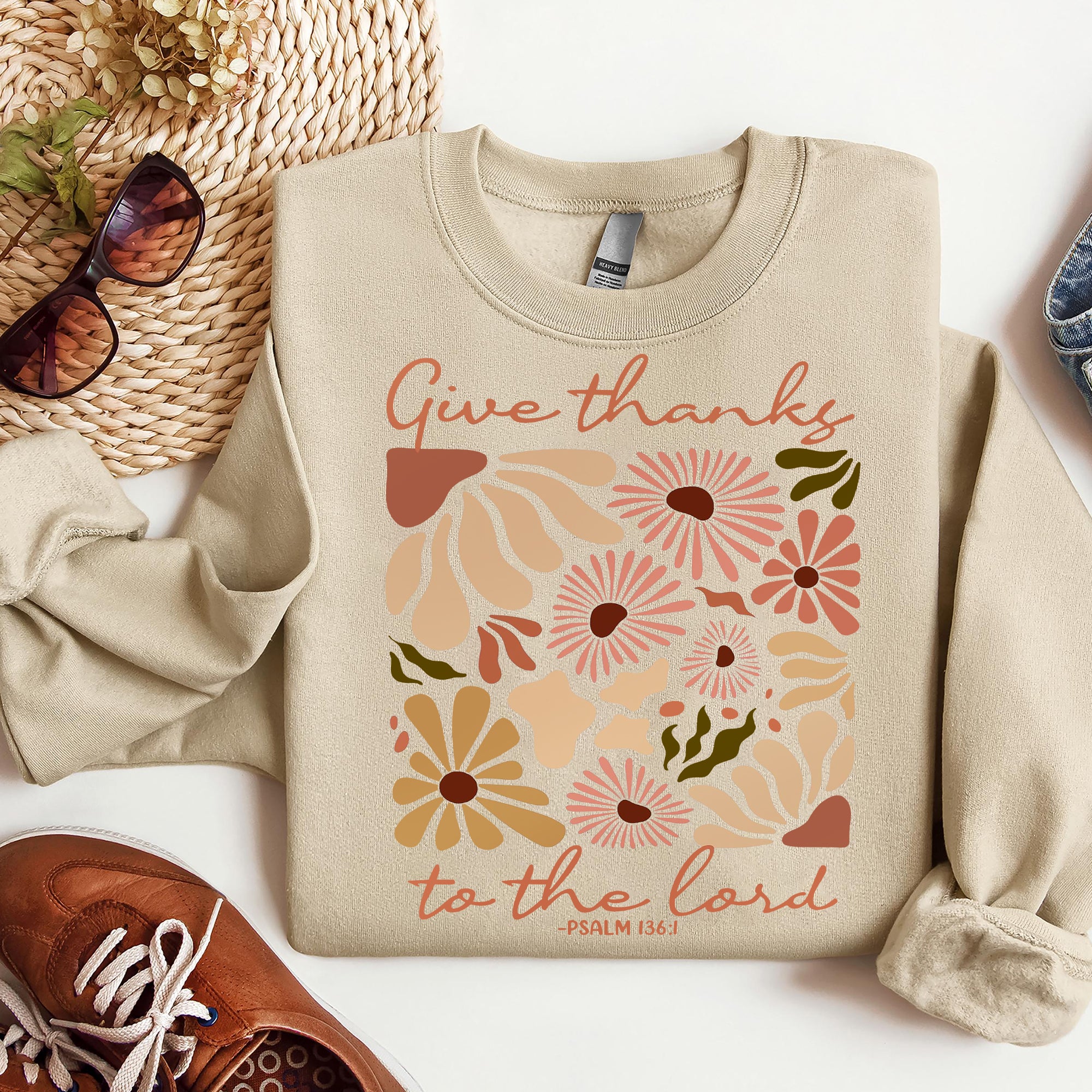 Give Thanks To The Lord Sweatshirt, Boho Floral Christian Sweatshirt, Fall Bible Verse Sweatshirt. ILAF24
