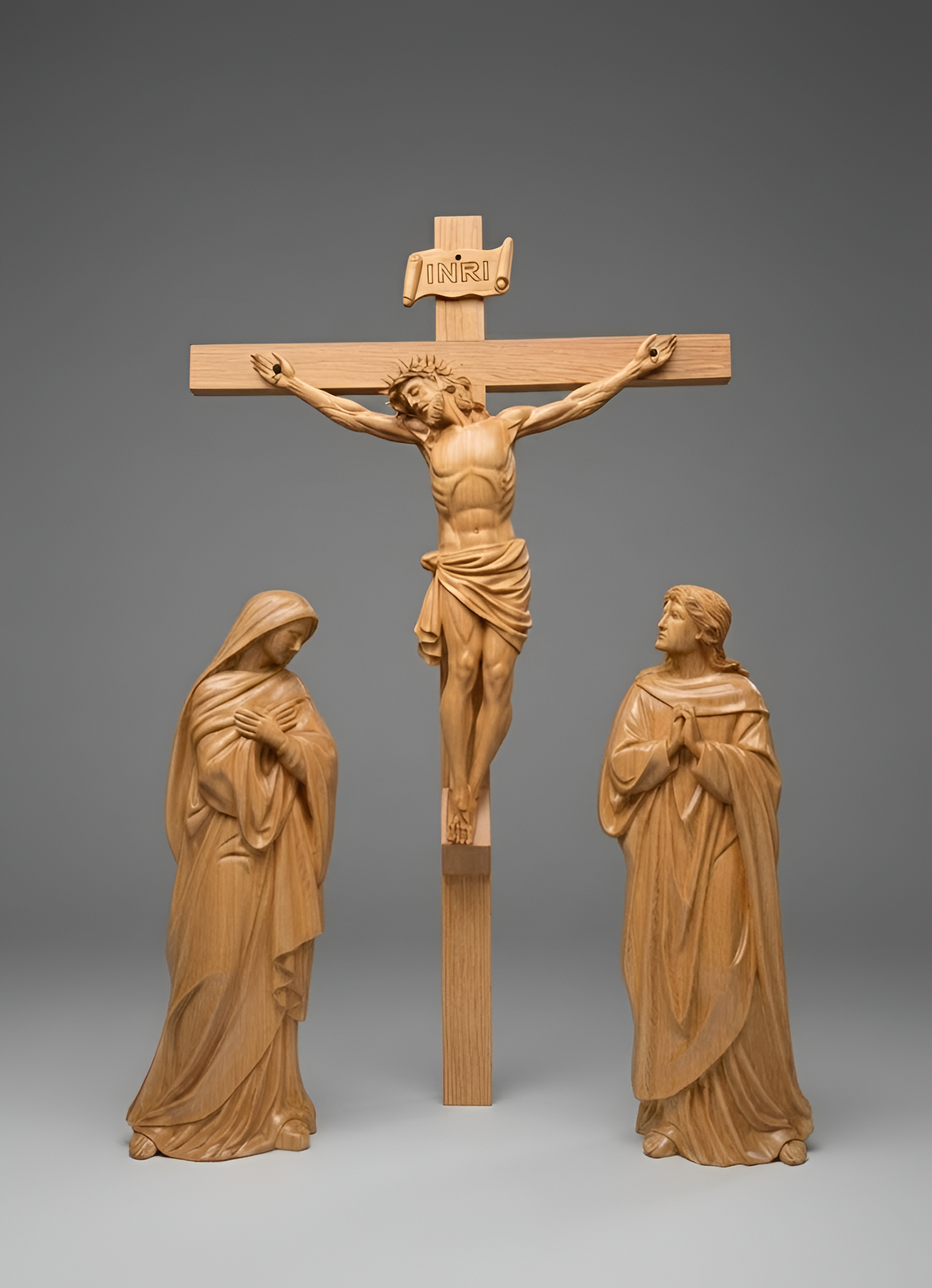 Wooden Crucifixion Statue Set, Jesus on the Cross with Virgin Mary and